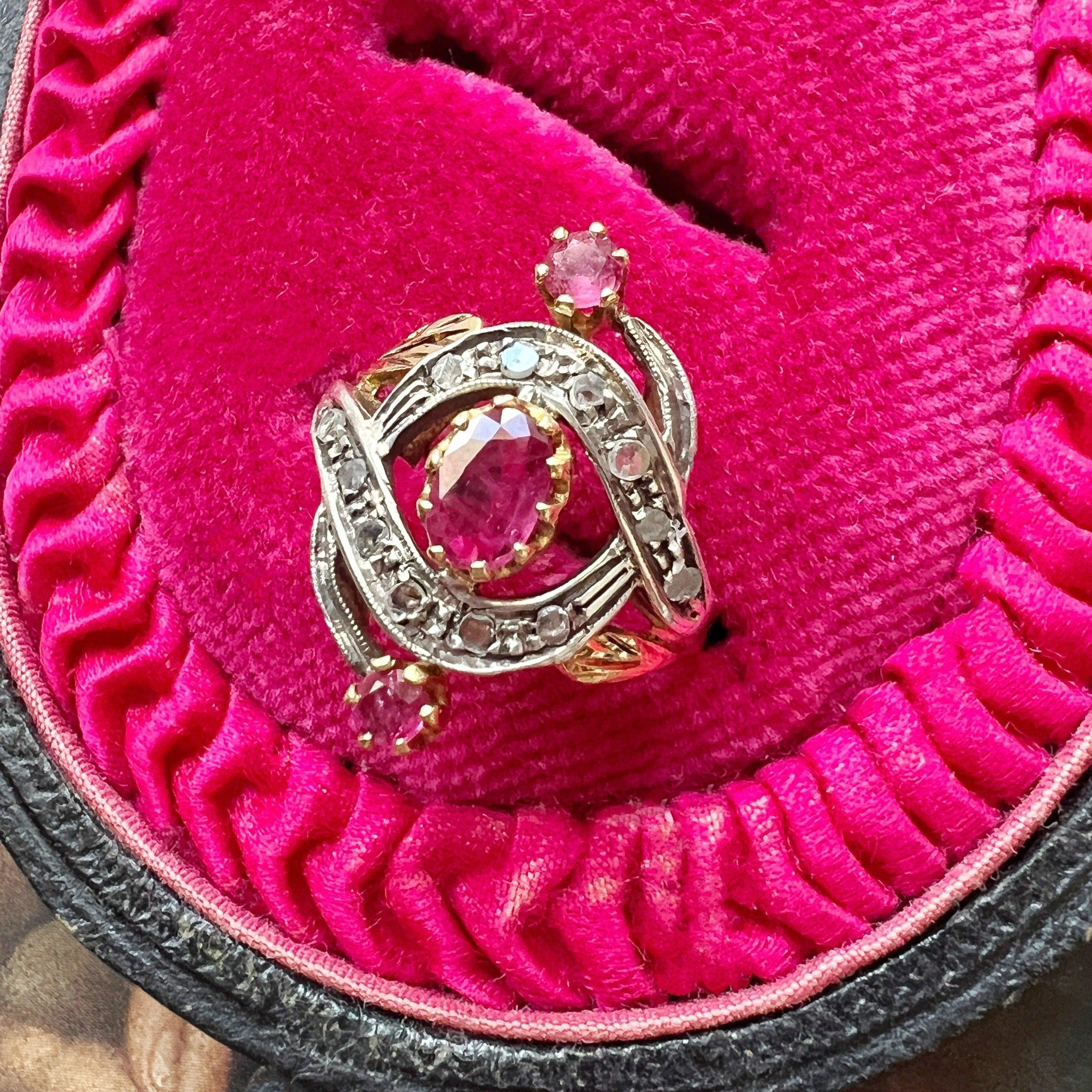 Victorian era 18K gold pink sapphire diamond ring - Curiously timeless