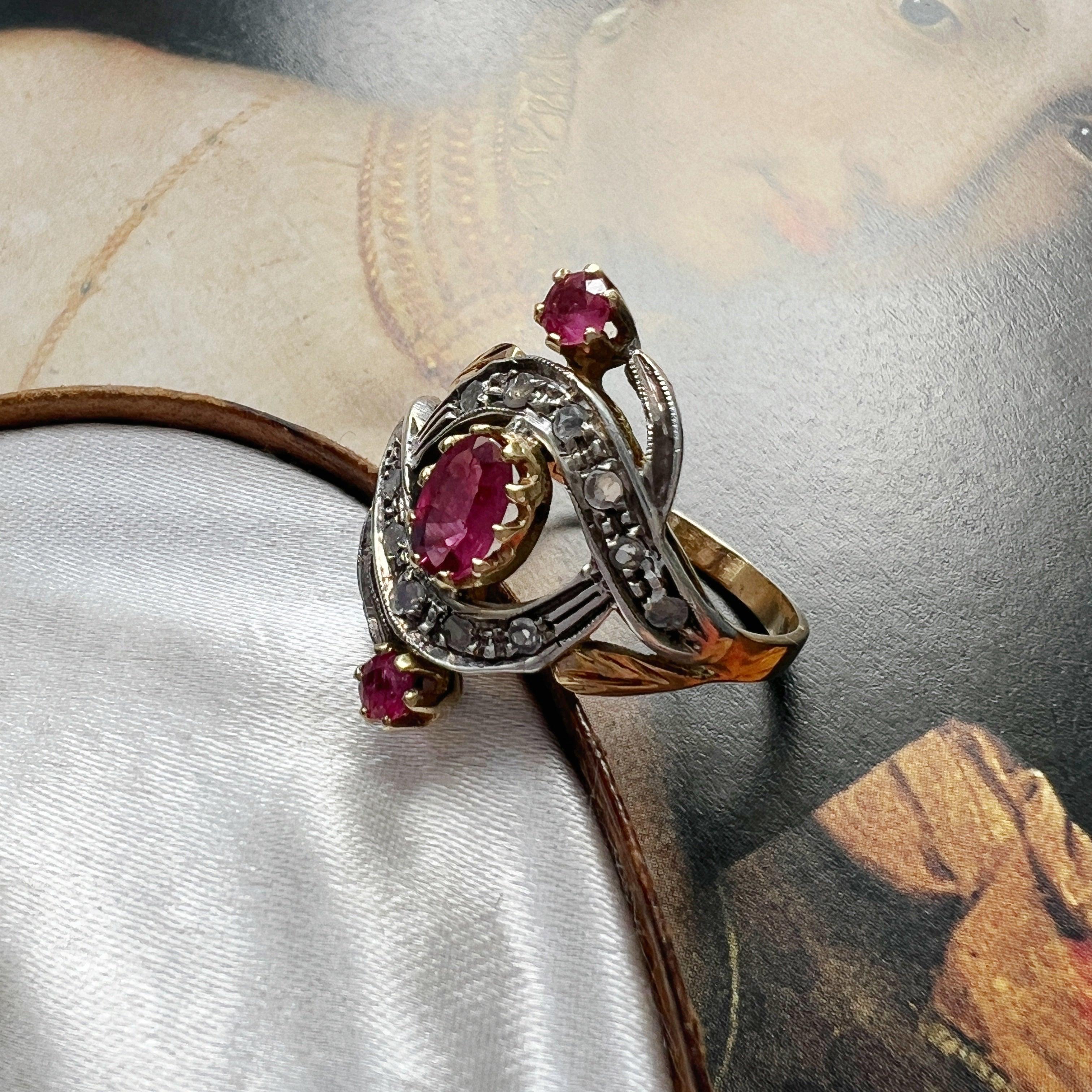 Victorian era 18K gold pink sapphire diamond ring - Curiously timeless