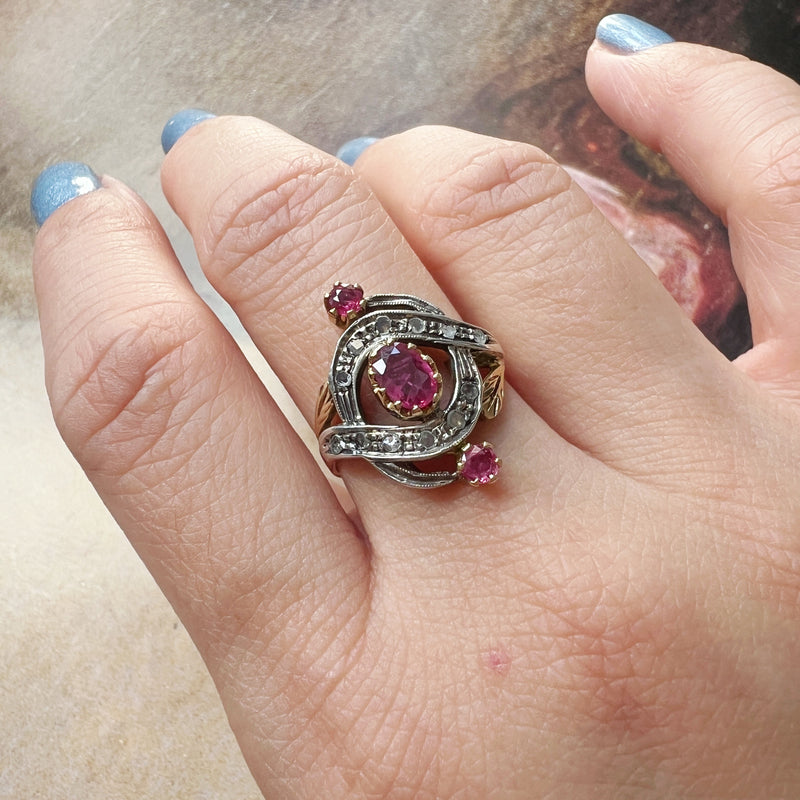 Victorian era 18K gold pink sapphire diamond ring