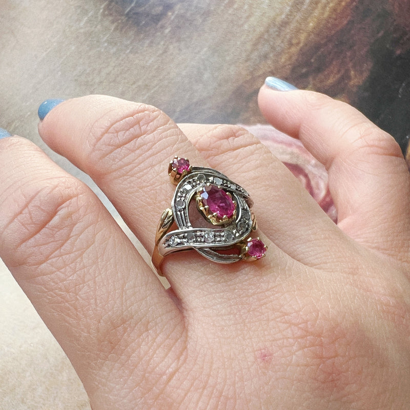 Victorian era 18K gold pink sapphire diamond ring