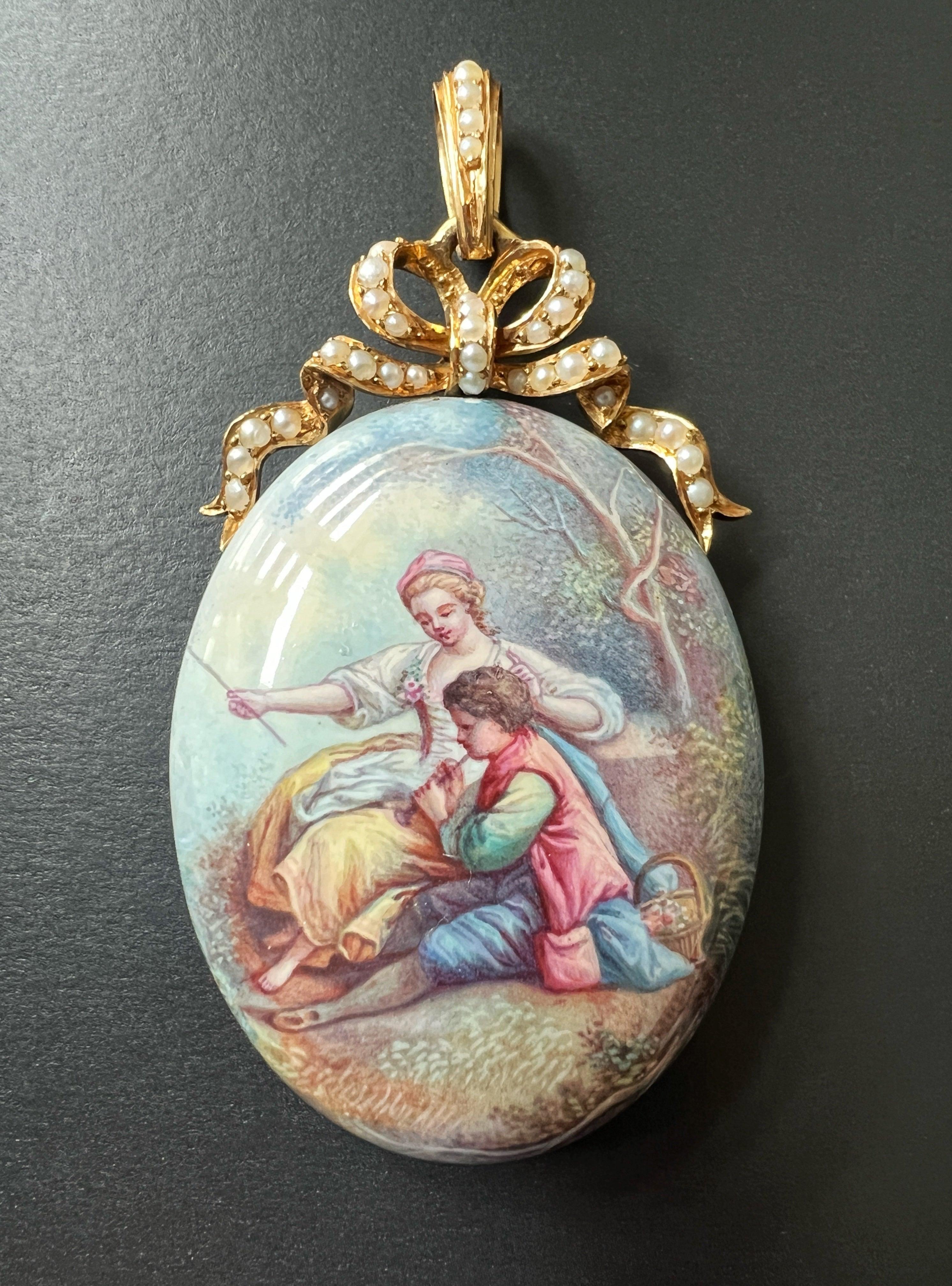 Antique 18K gold pearl bow enamelled miniature locket pendant - Curiously timeless