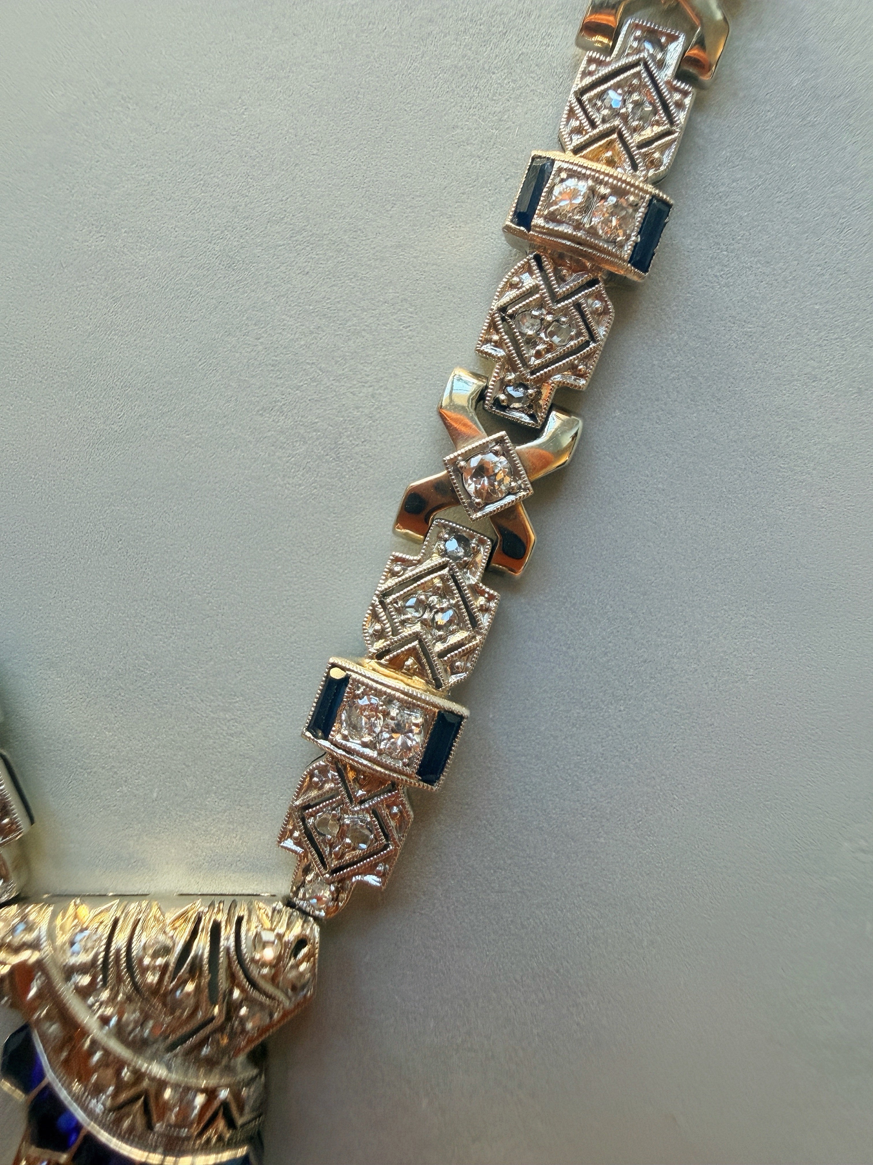 Art Deco French work 18K gold platinum diamond sapphire necklace
