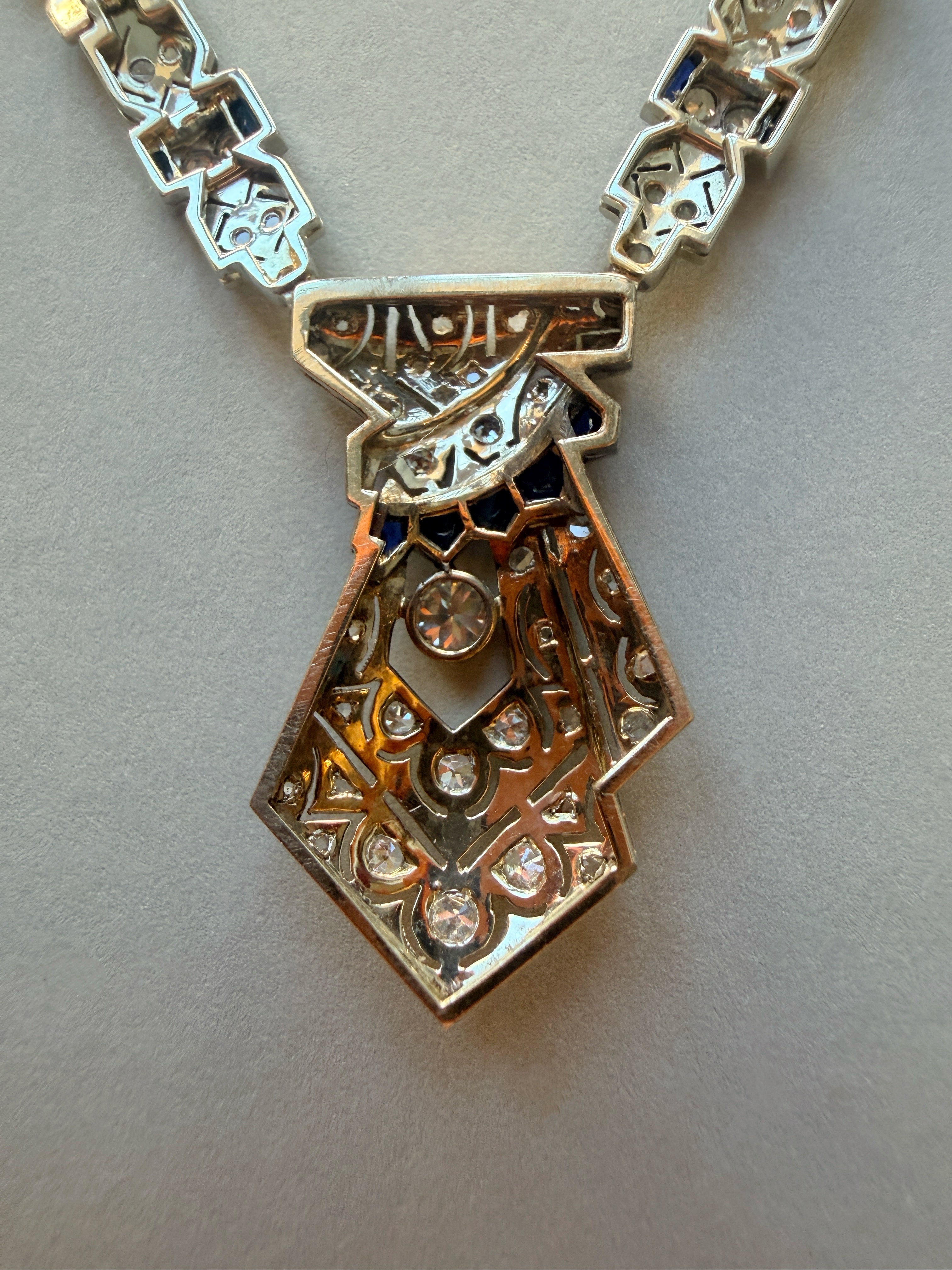 Art Deco French work 18K gold platinum diamond sapphire necklace