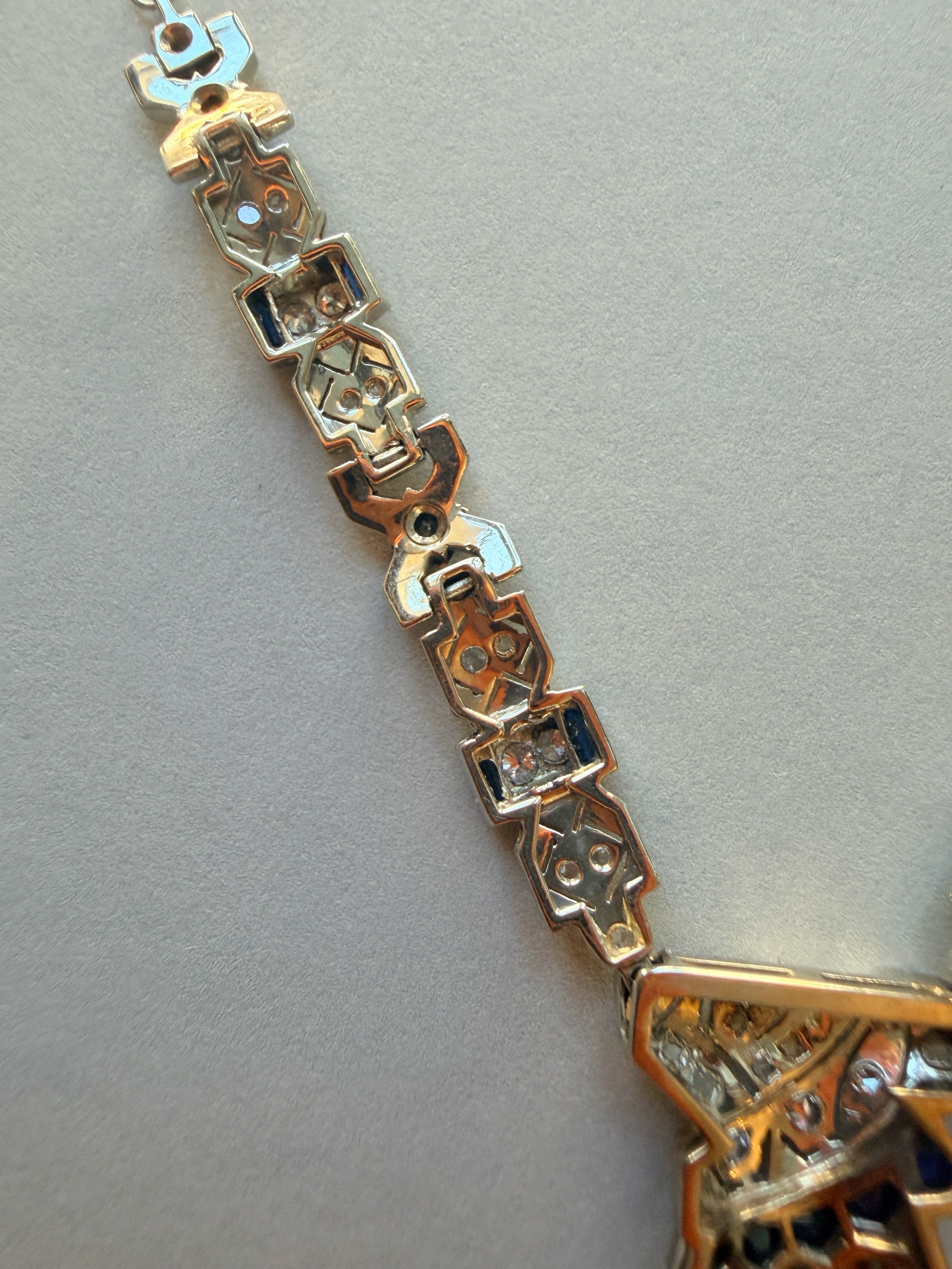 Art Deco French work 18K gold platinum diamond sapphire necklace