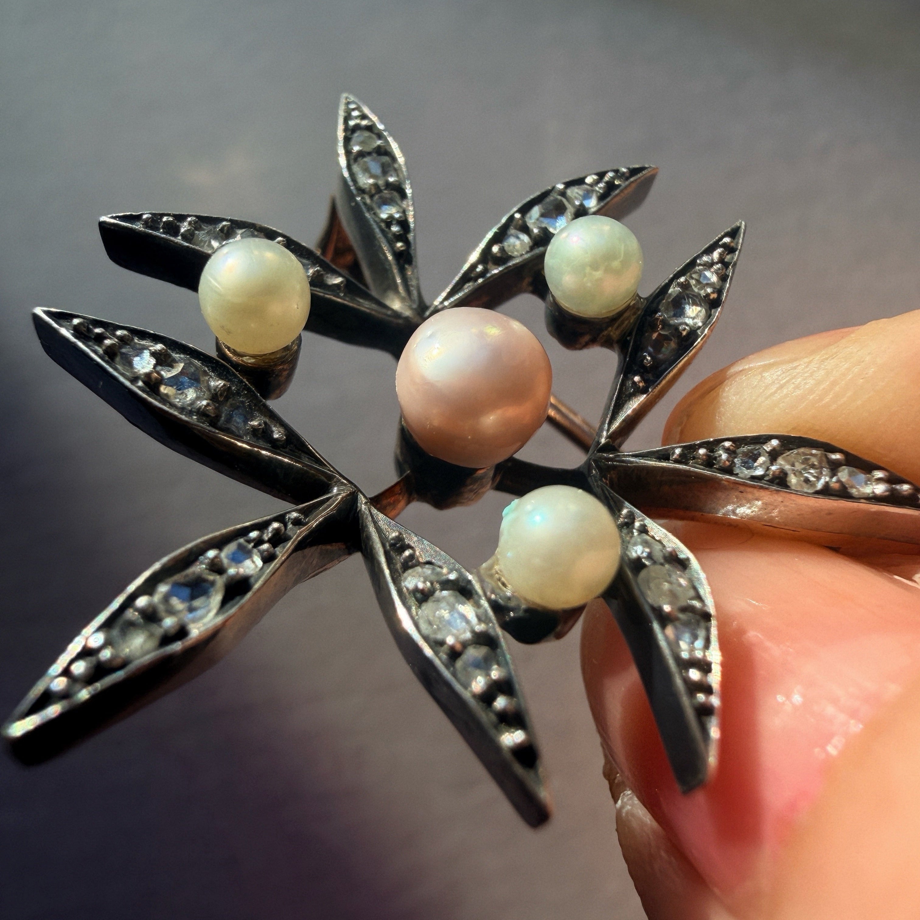 Victorian era certified natural pearl diamond brooch