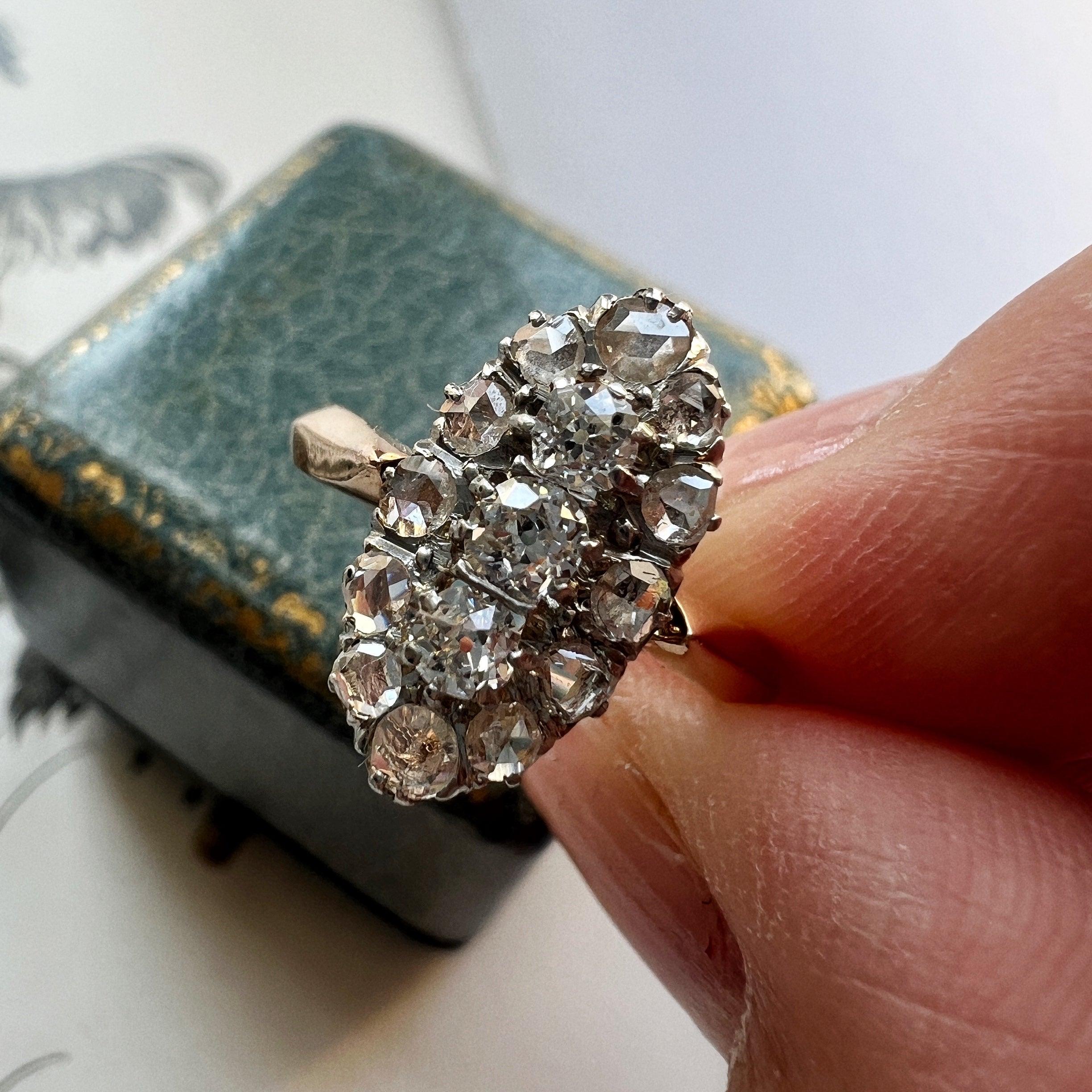 Boxed Victorian era 18K gold diamond marquise ring - Curiously timeless