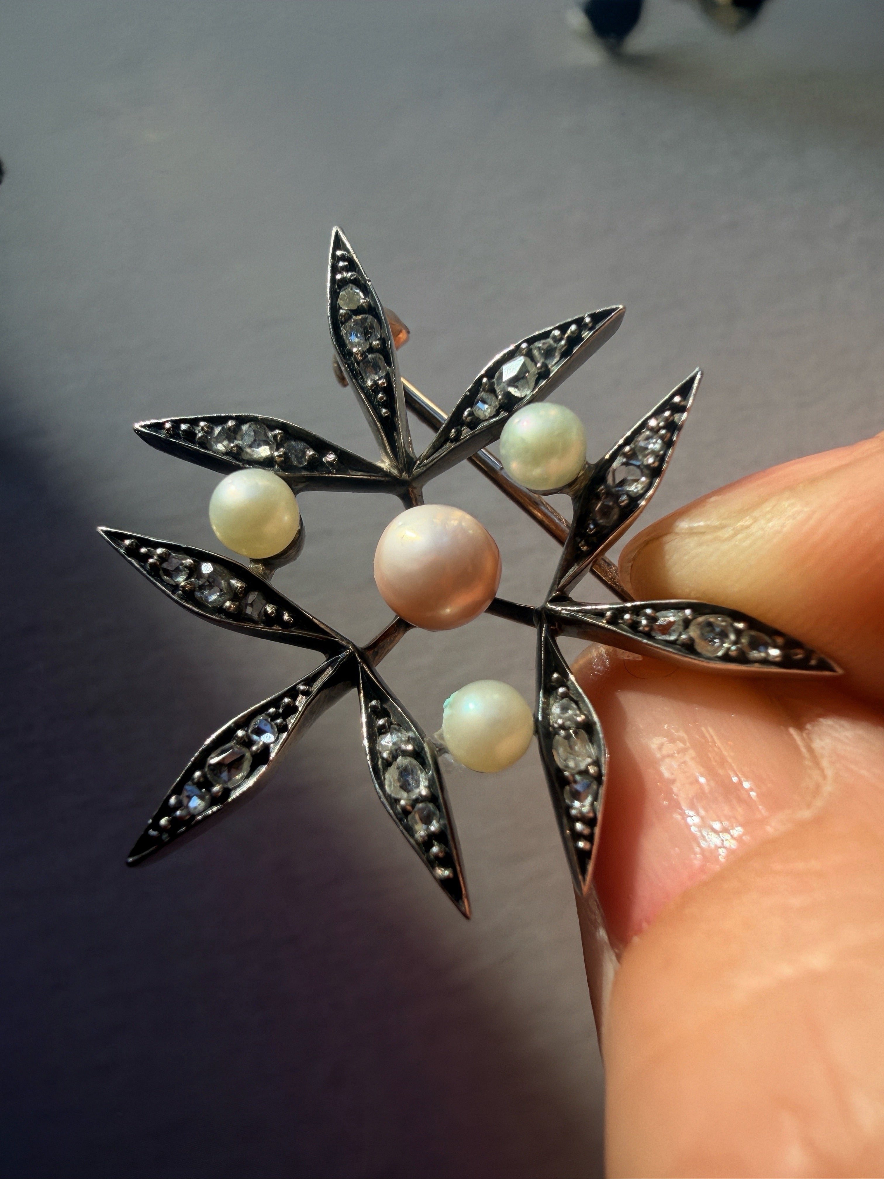Victorian era certified natural pearl diamond brooch