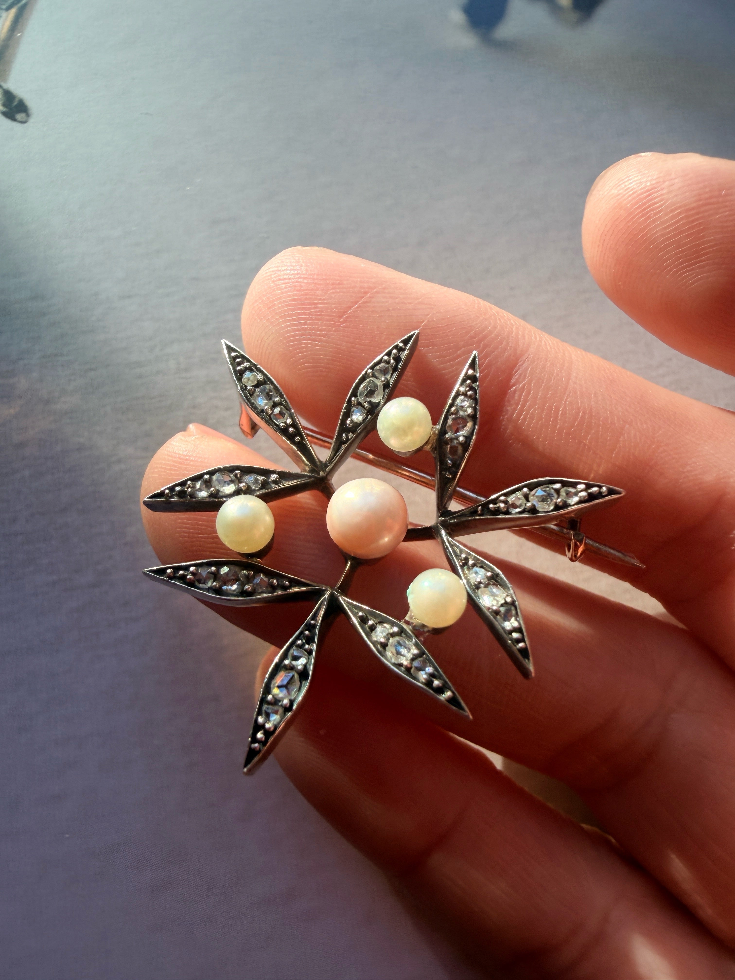 Victorian era certified natural pearl diamond brooch