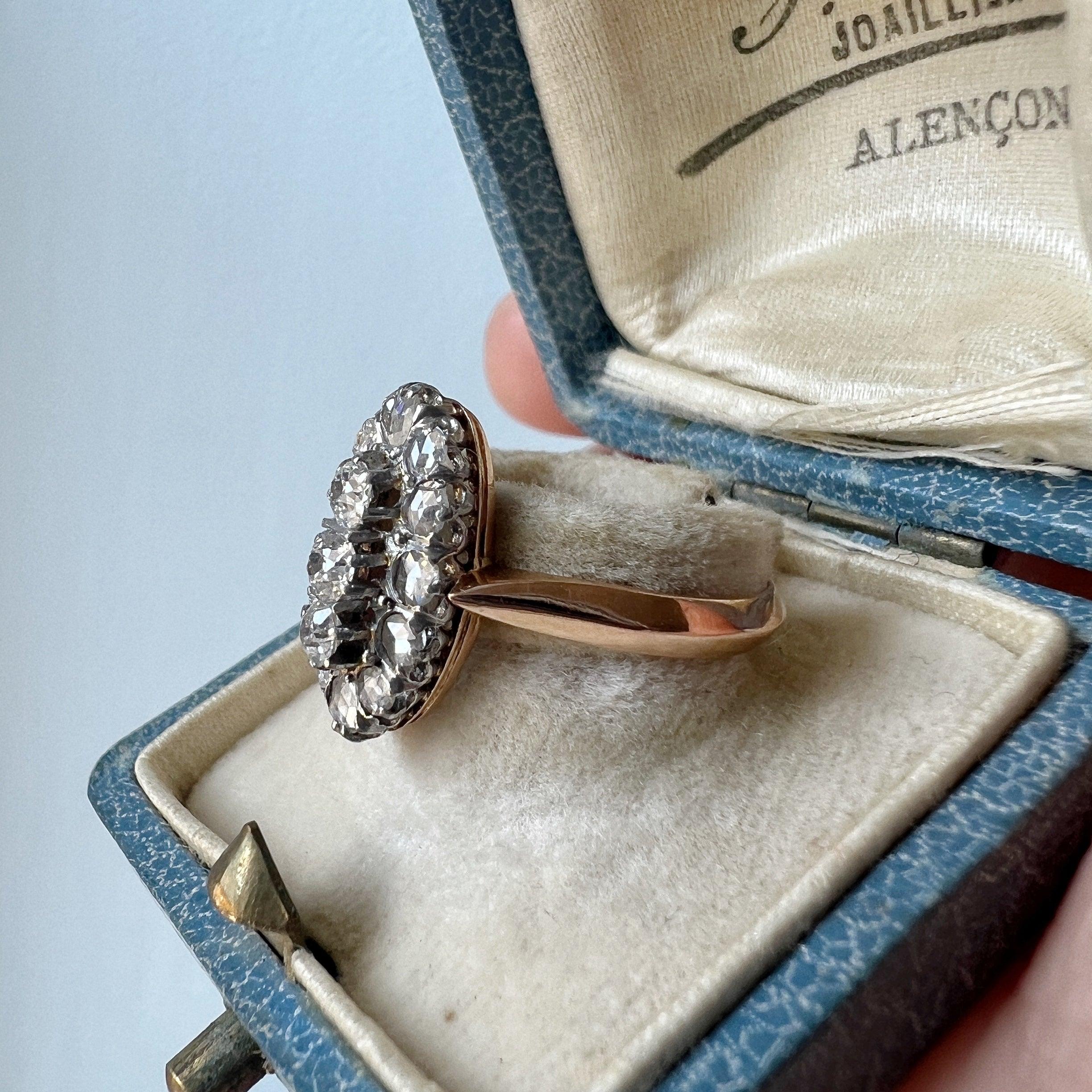 Boxed Victorian era 18K gold diamond marquise ring - Curiously timeless