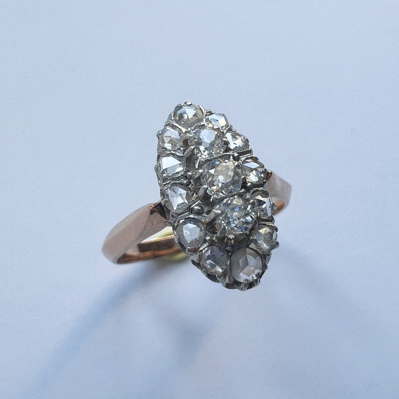 Boxed Victorian era 18K gold diamond marquise ring