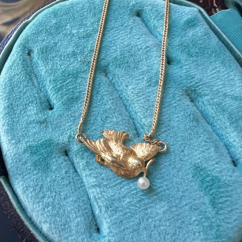 Antique 18K gold swallow necklace with natural pearl