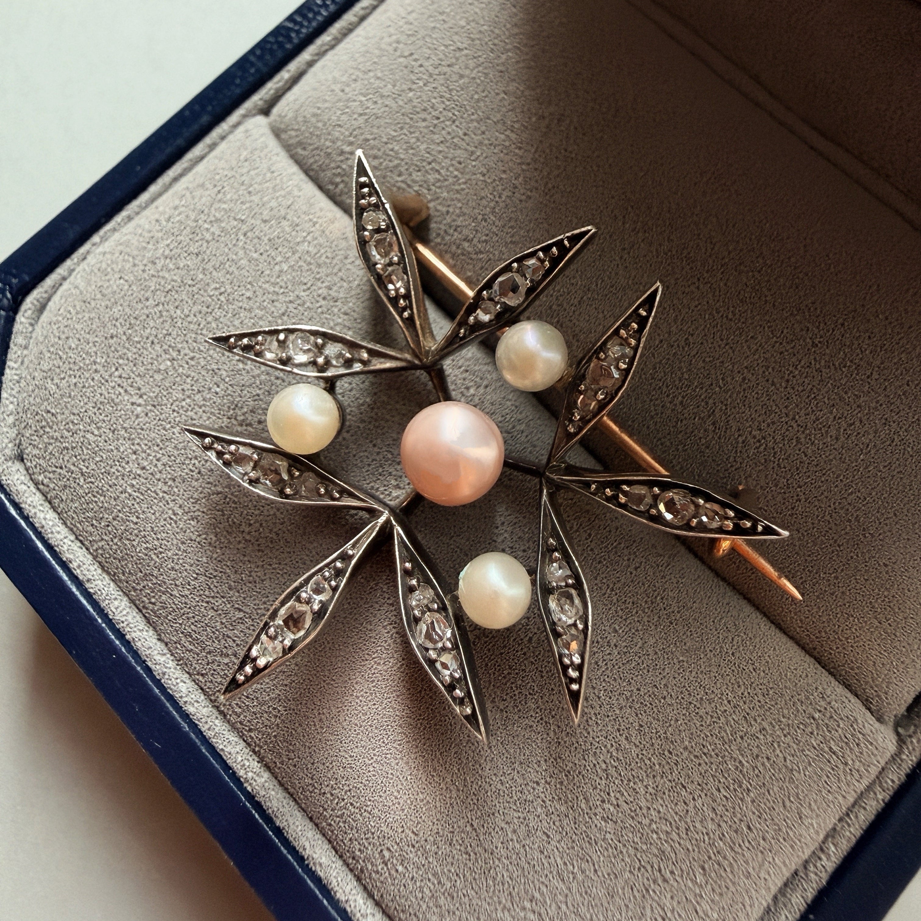 Victorian era certified natural pearl diamond brooch
