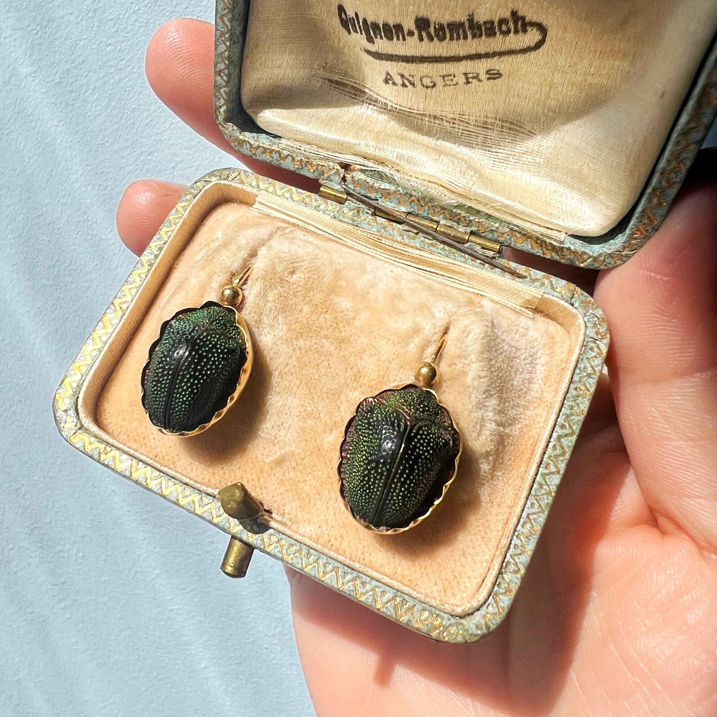 Victorian era Egyptian Revival 18K gold scarab dangle earrings - Curiously timeless