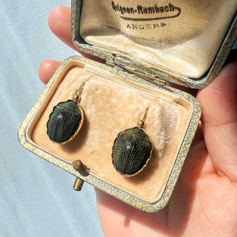 Victorian era Egyptian Revival 18K gold scarab dangle earrings