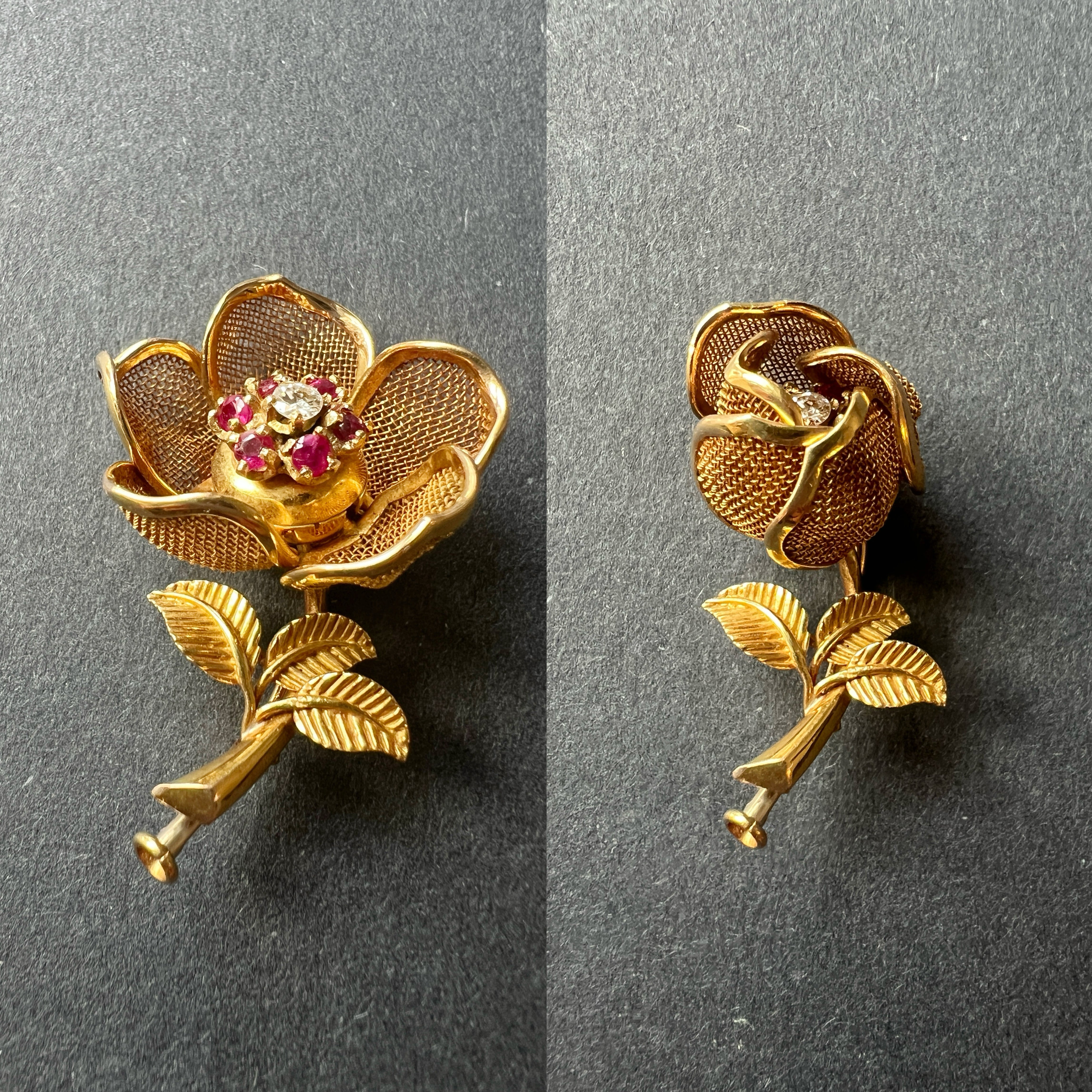 Vintage 18K gold opening rose brooch with articulated petals