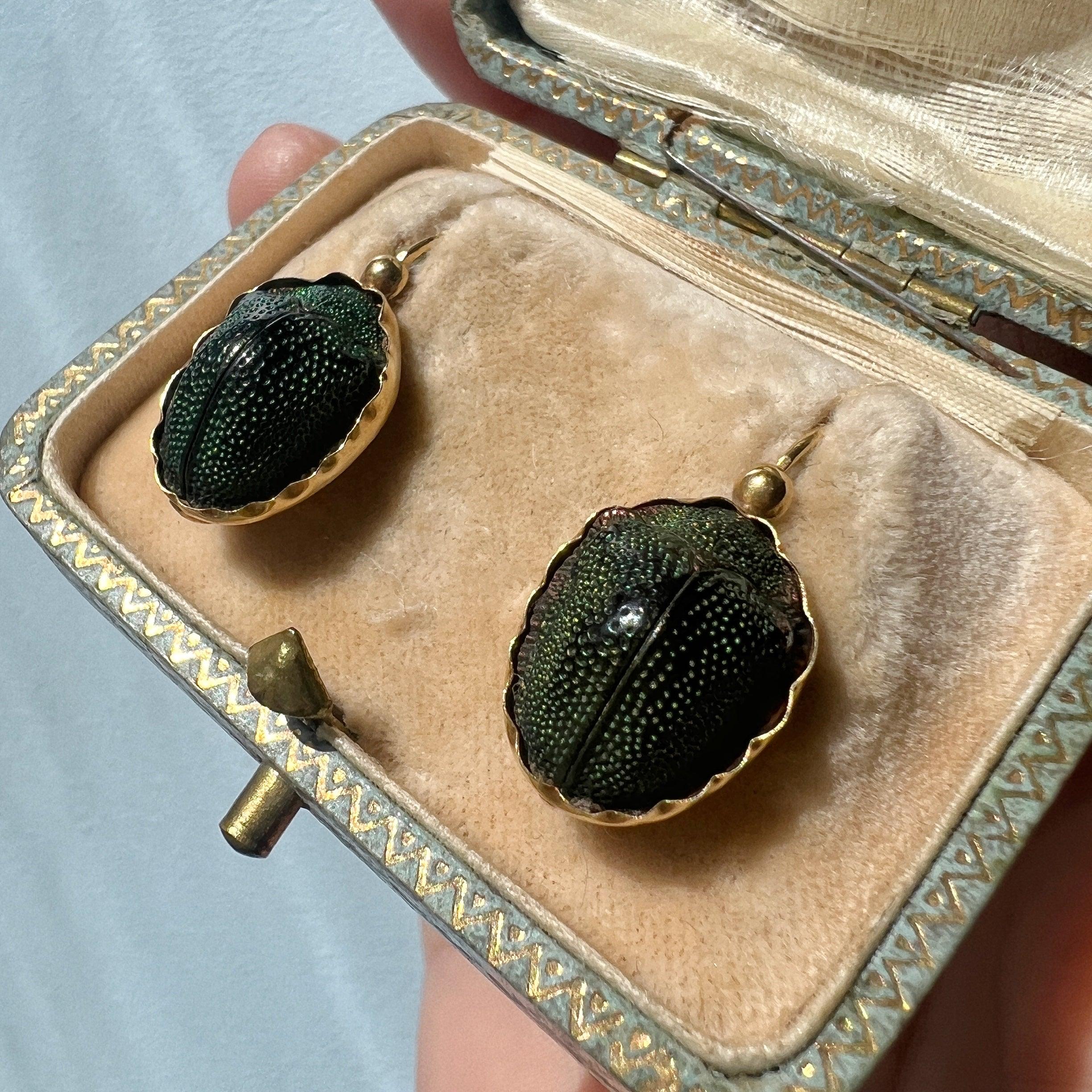 Victorian era Egyptian Revival 18K gold scarab dangle earrings - Curiously timeless