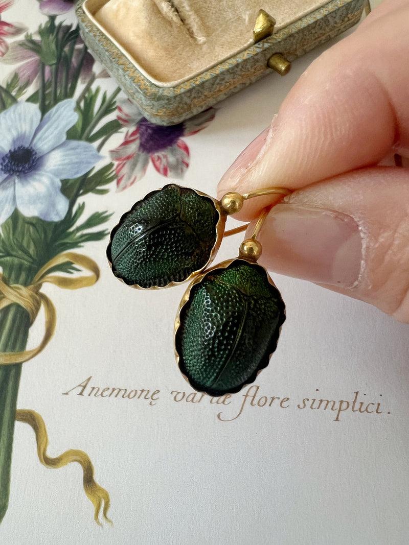 Victorian era Egyptian Revival 18K gold scarab dangle earrings