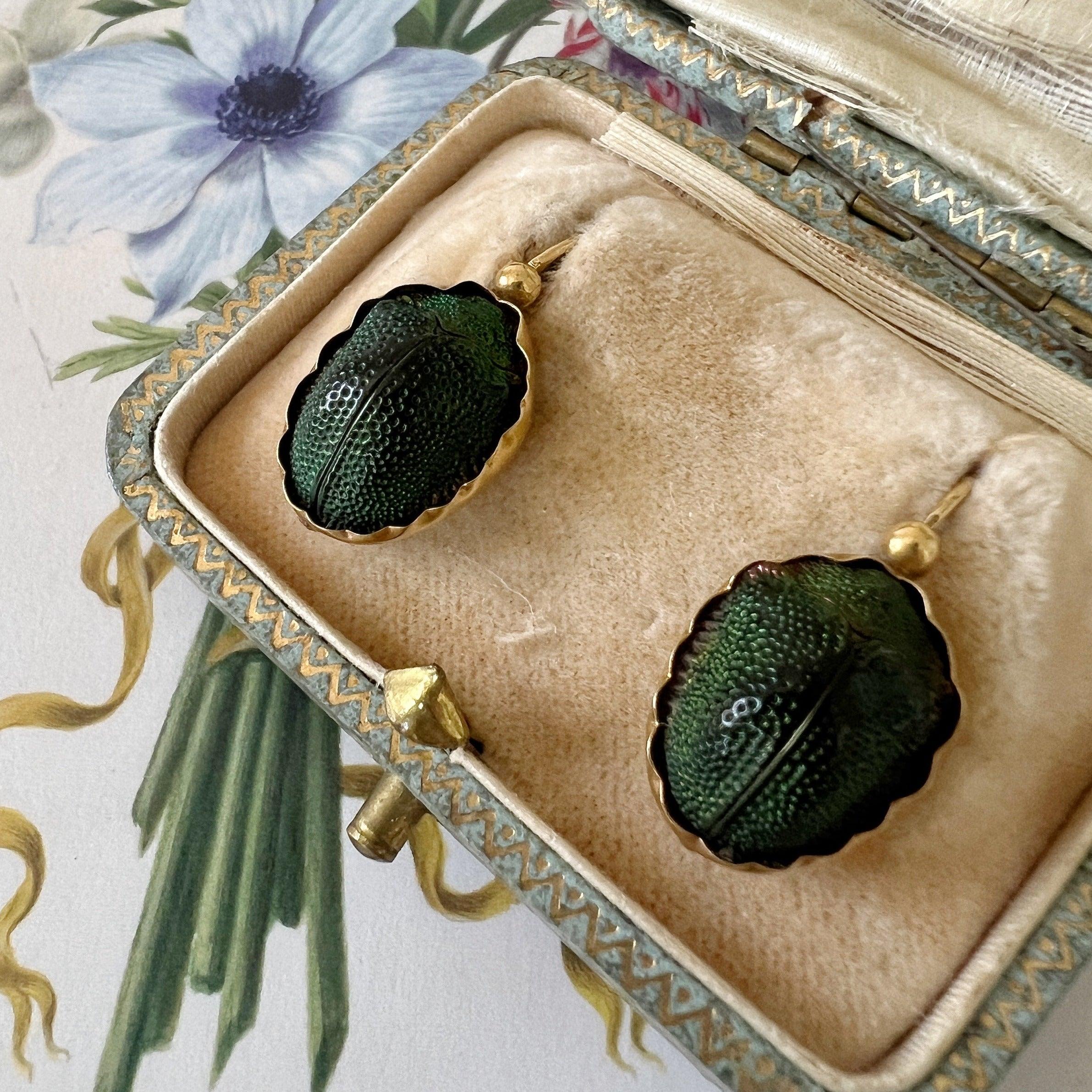 Victorian era Egyptian Revival 18K gold scarab dangle earrings - Curiously timeless