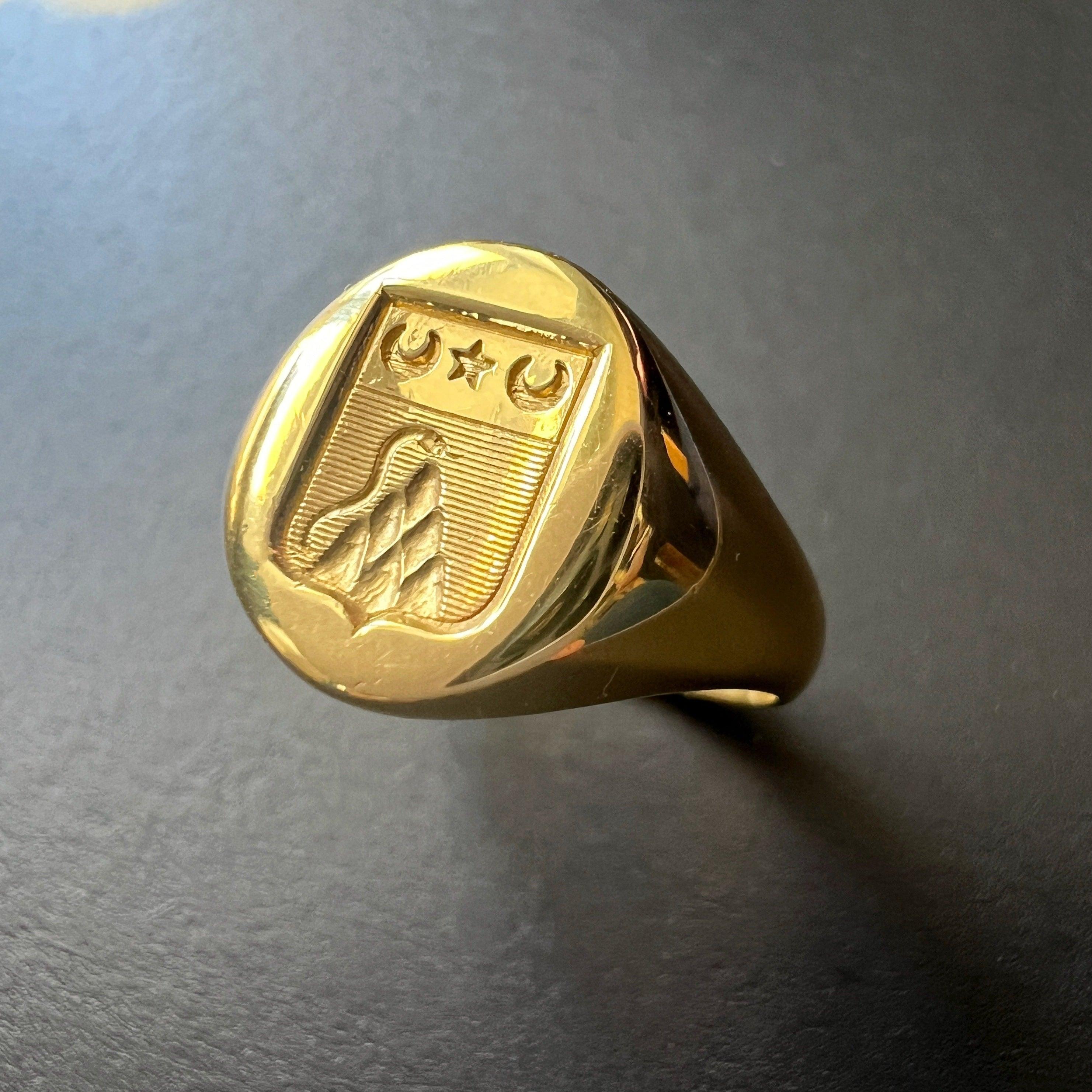 Antique 18K gold snake moon star coat of Arms signet ring - Curiously timeless