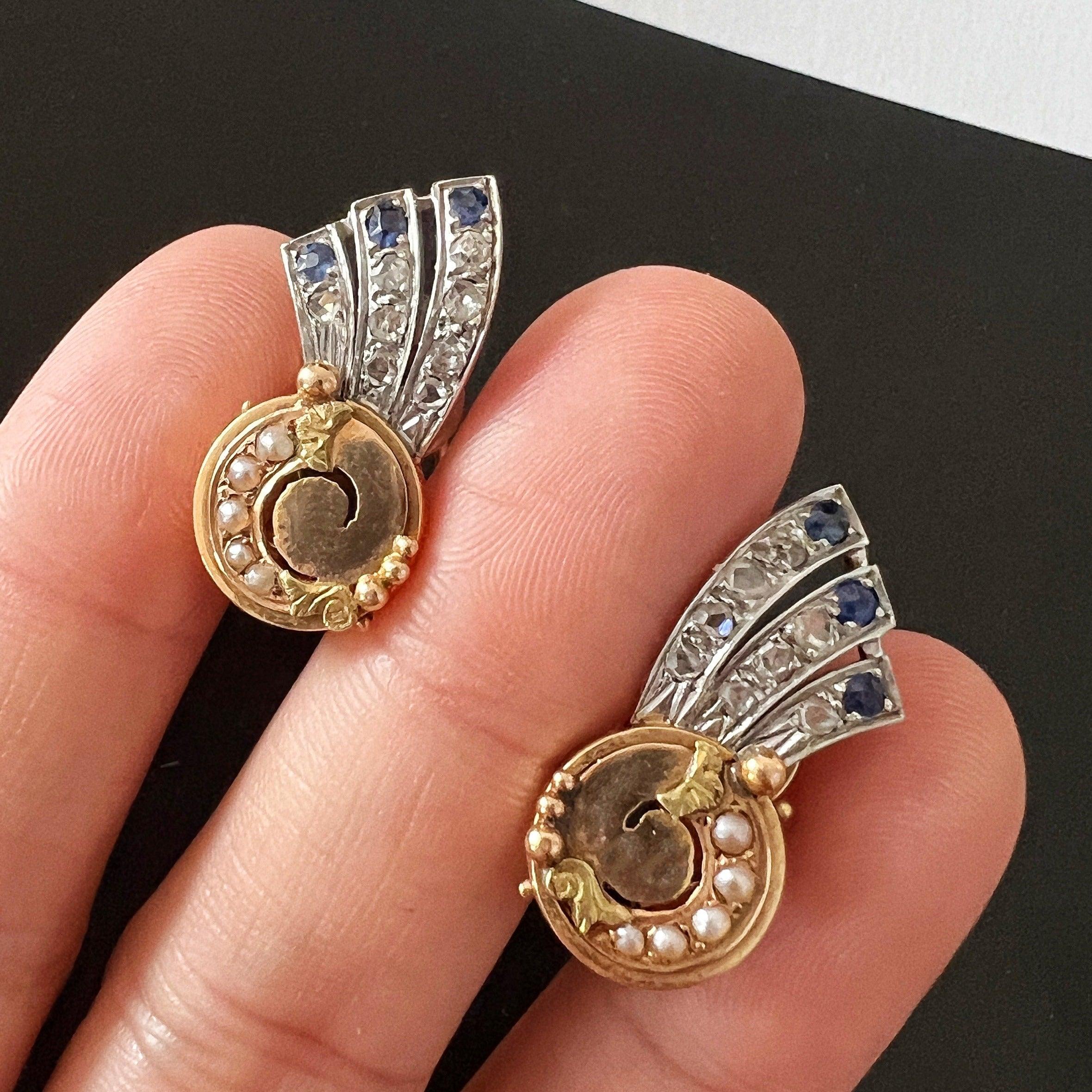 Art Deco era 18K gold diamond blue sapphires shooting star earrings - Curiously timeless