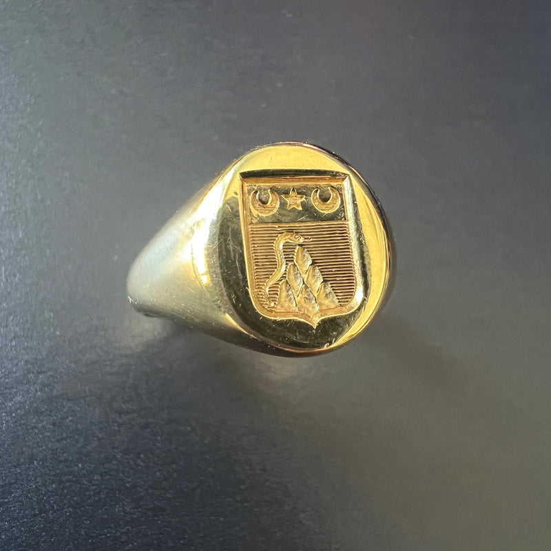 Antique 18K gold snake moon star coat of Arms signet ring