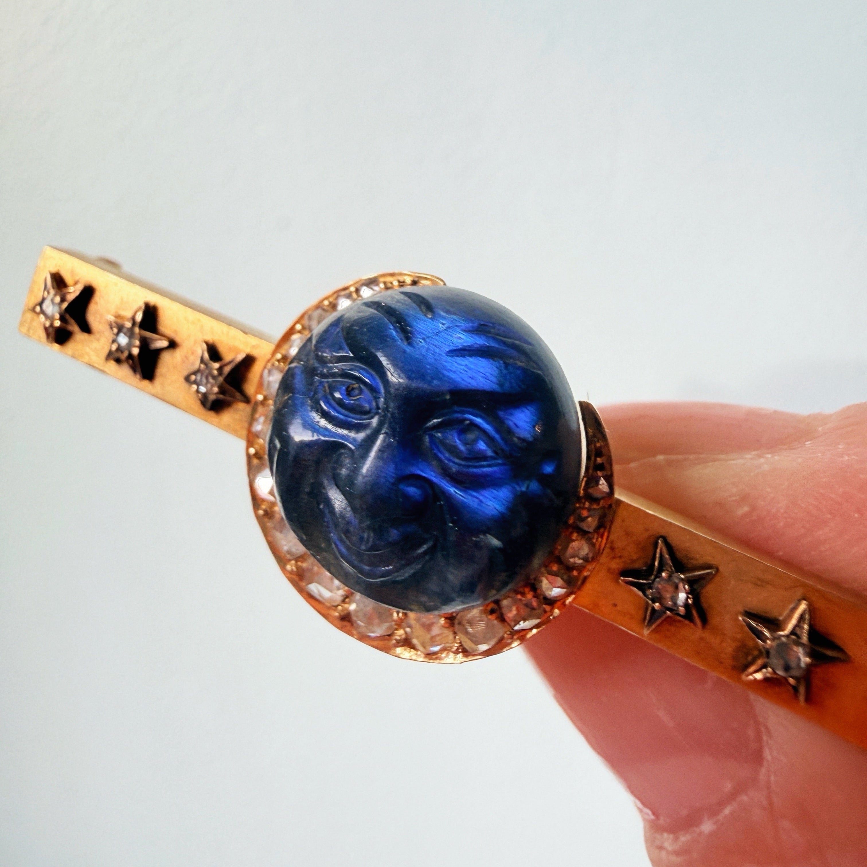 Antique 18K gold carved labradorite moon face brooch with diamond crescent