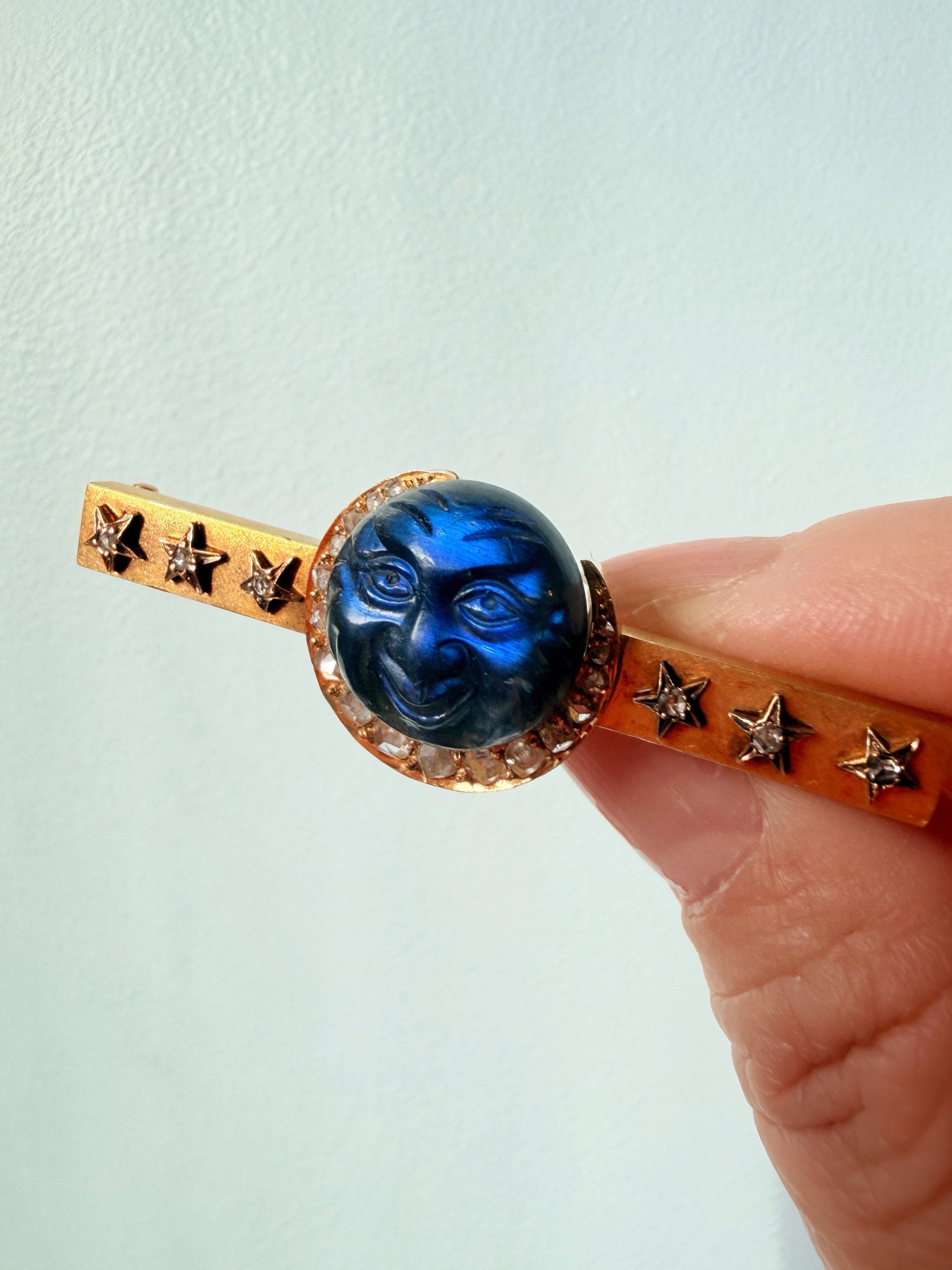 Antique 18K gold carved labradorite moon face brooch with diamond crescent