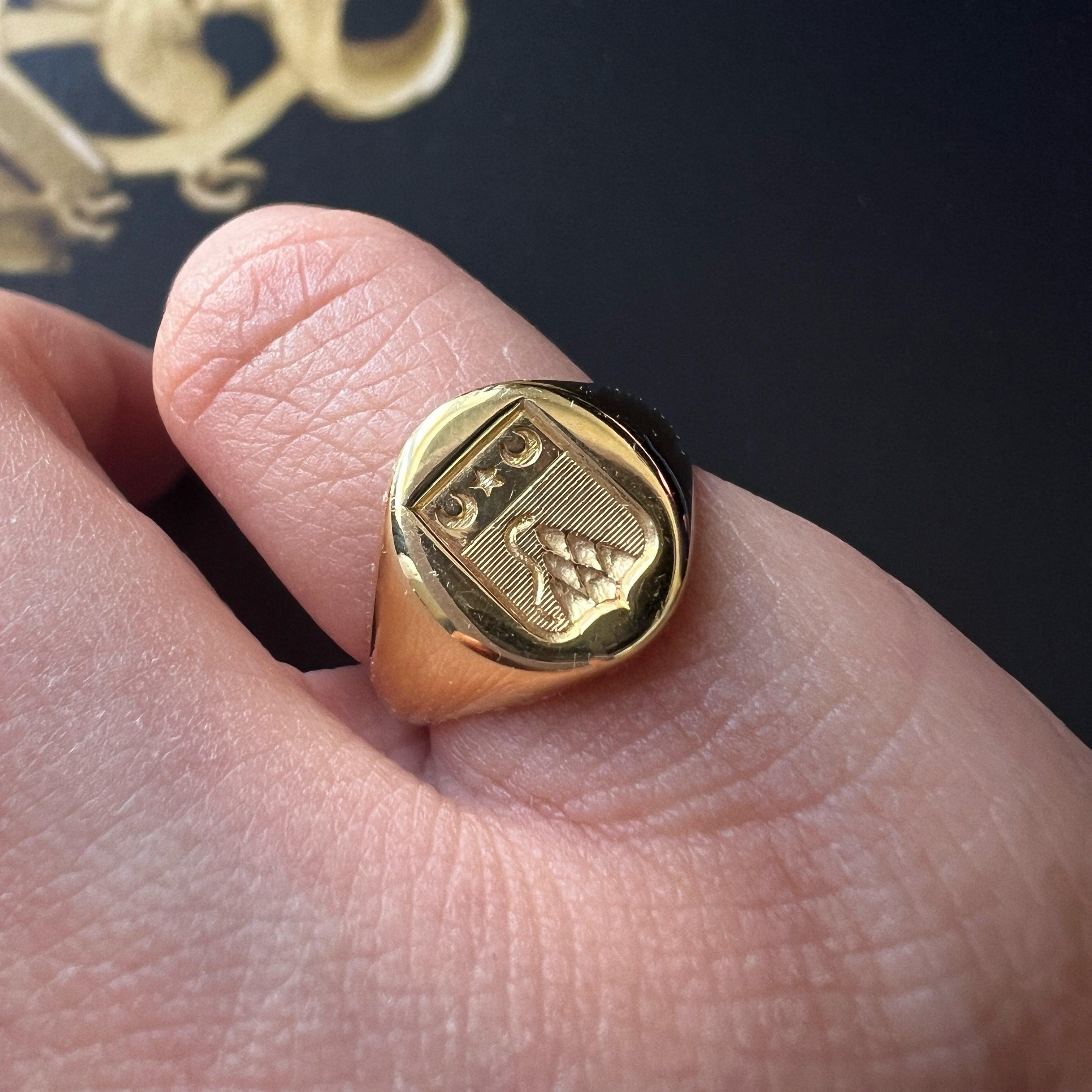 Antique 18K gold snake moon star coat of Arms signet ring - Curiously timeless