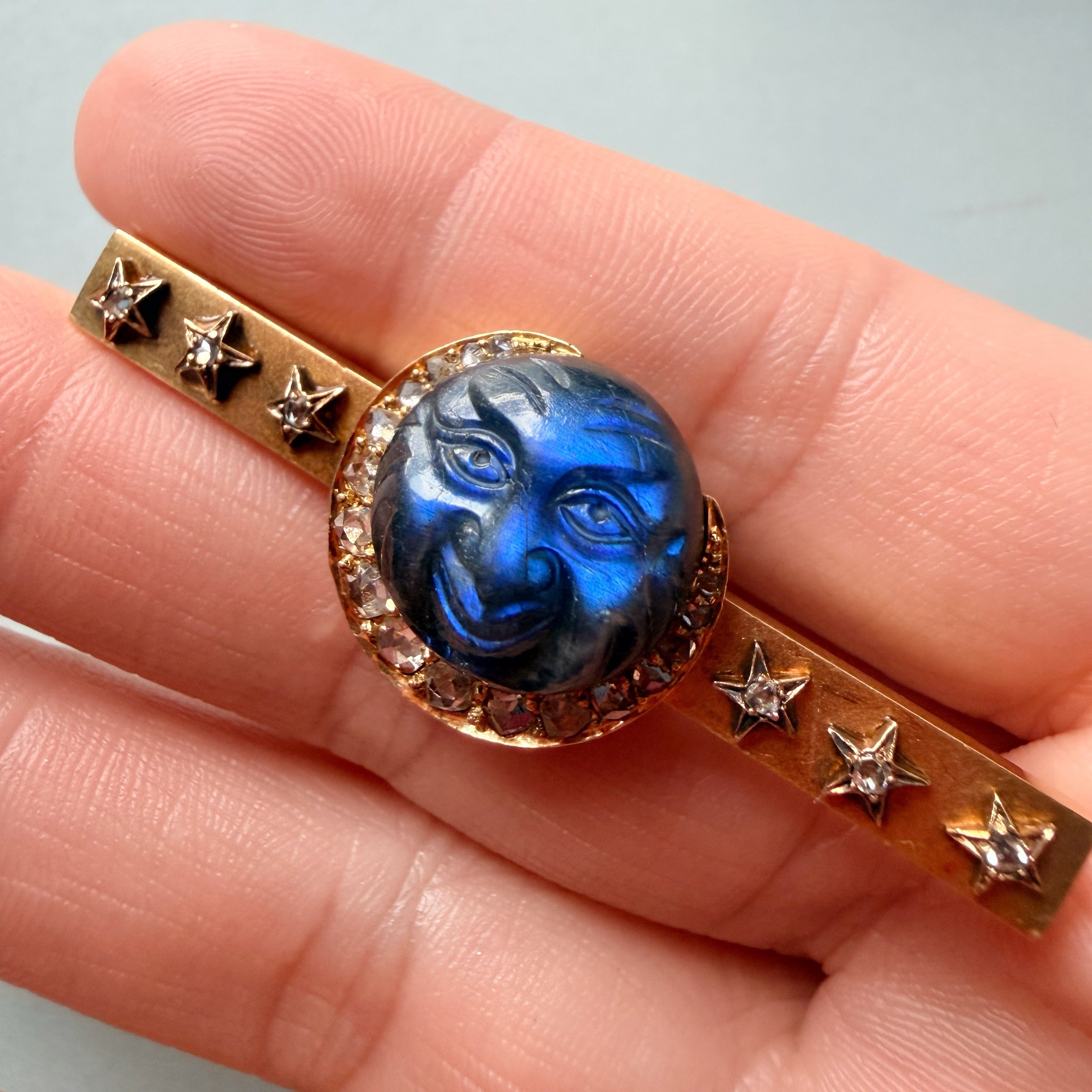 Antique 18K gold carved labradorite moon face brooch with diamond crescent