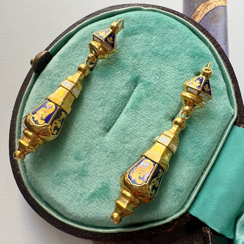 Antique 18K gold blue and white enamel drop earrings