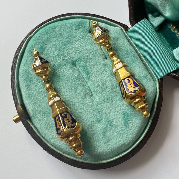 Antique 18K gold blue and white enamel drop earrings