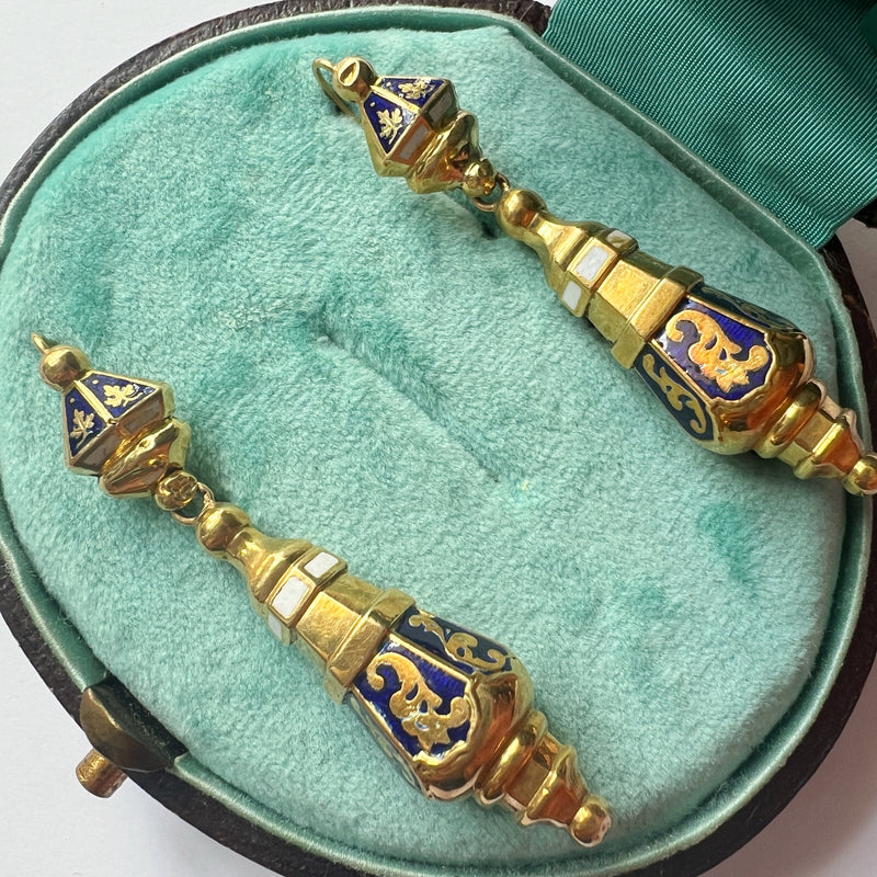 Antique 18K gold blue and white enamel drop earrings