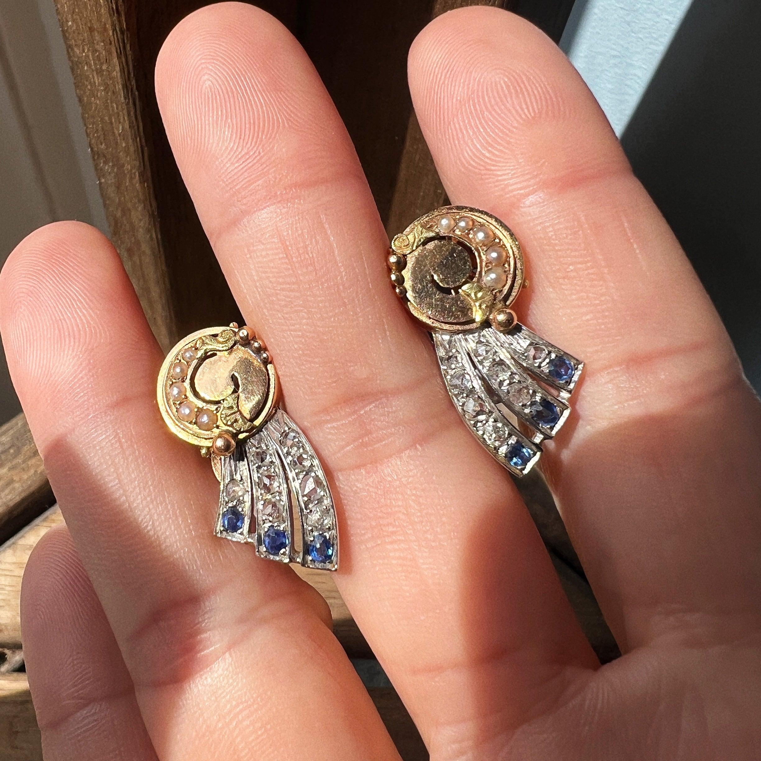 Art Deco era 18K gold diamond blue sapphires shooting star earrings - Curiously timeless