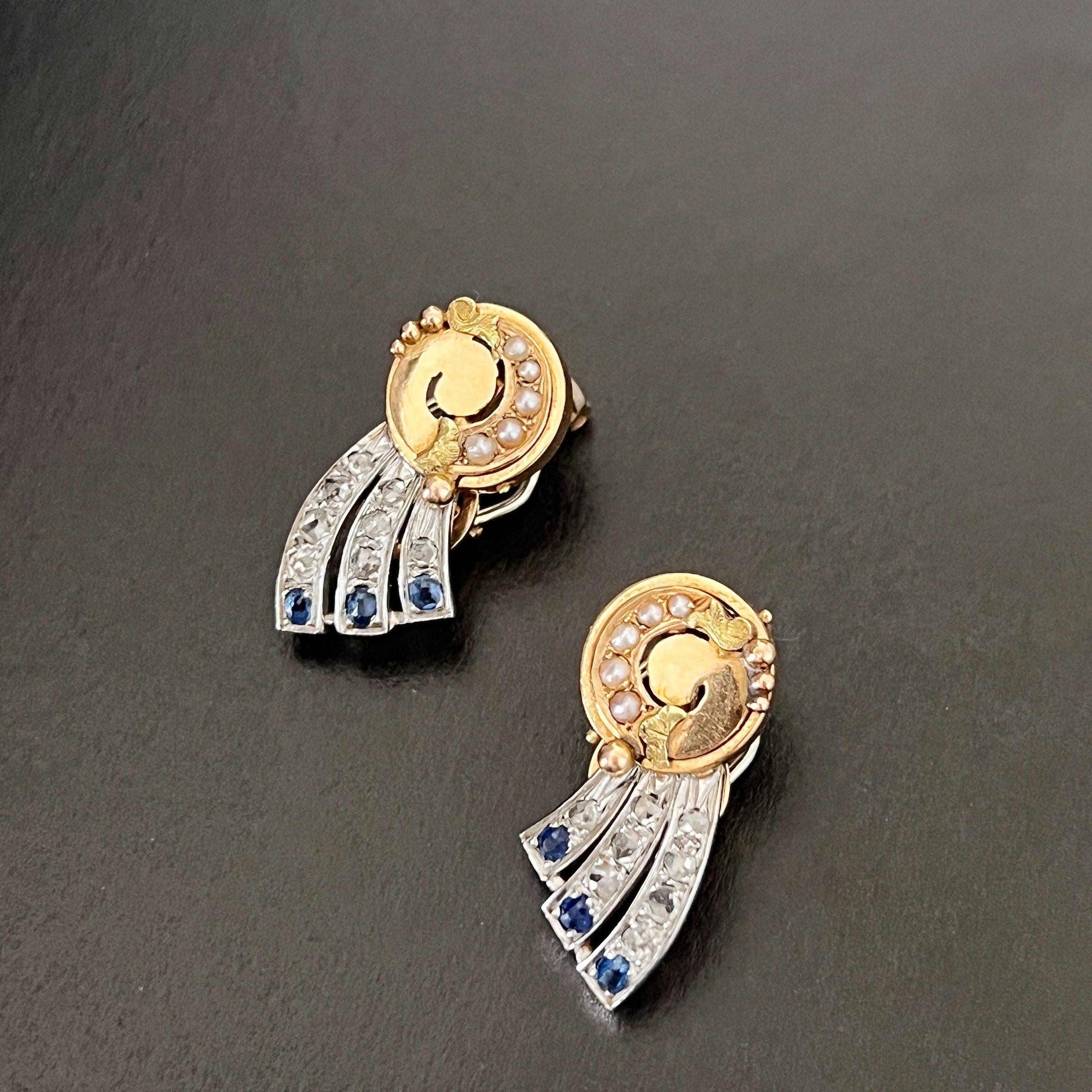 Art Deco era 18K gold diamond blue sapphires shooting star earrings - Curiously timeless