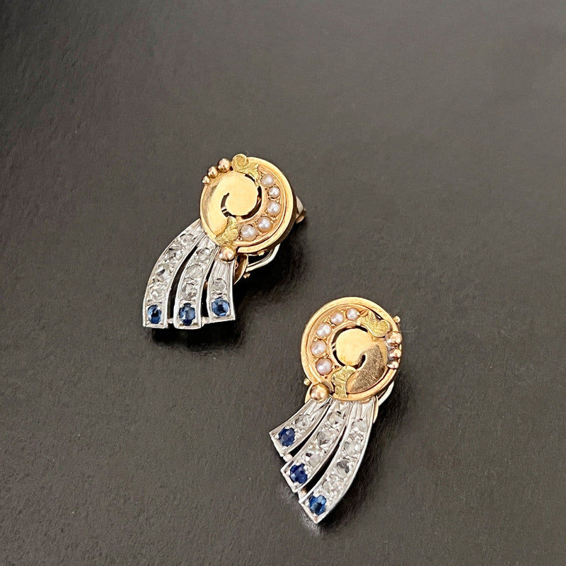 Art Deco era 18K gold diamond blue sapphires shooting star earrings