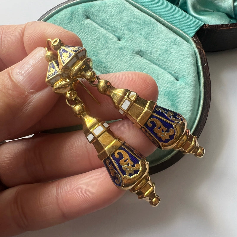 Antique 18K gold blue and white enamel drop earrings