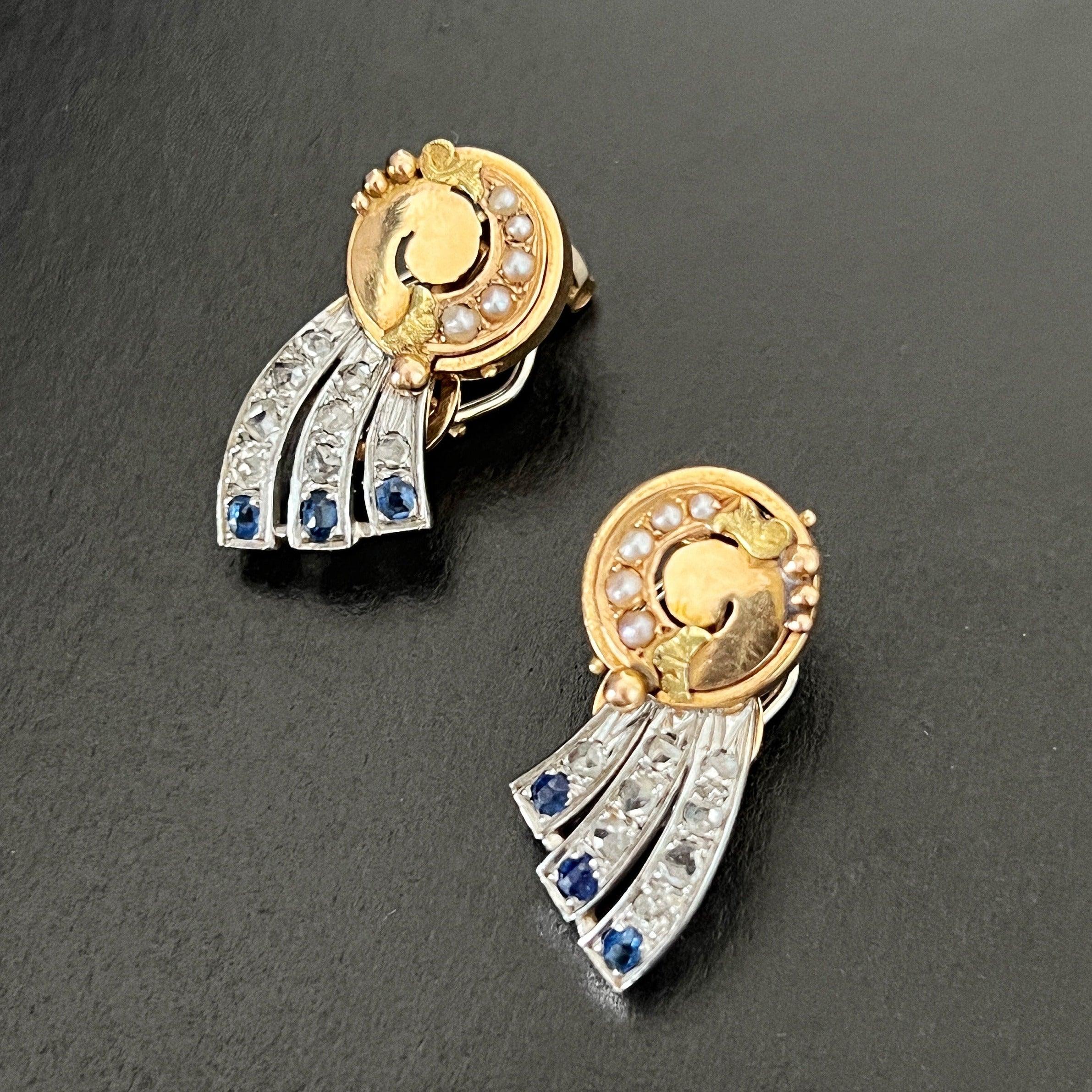 Art Deco era 18K gold diamond blue sapphires shooting star earrings - Curiously timeless