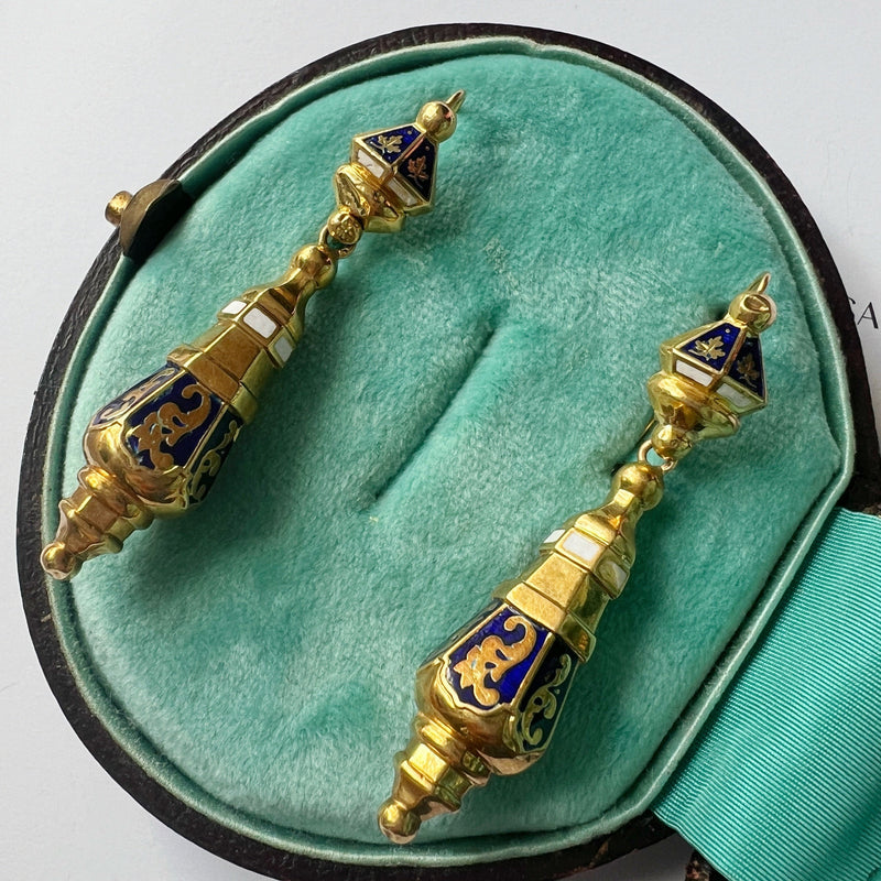 Antique 18K gold blue and white enamel drop earrings