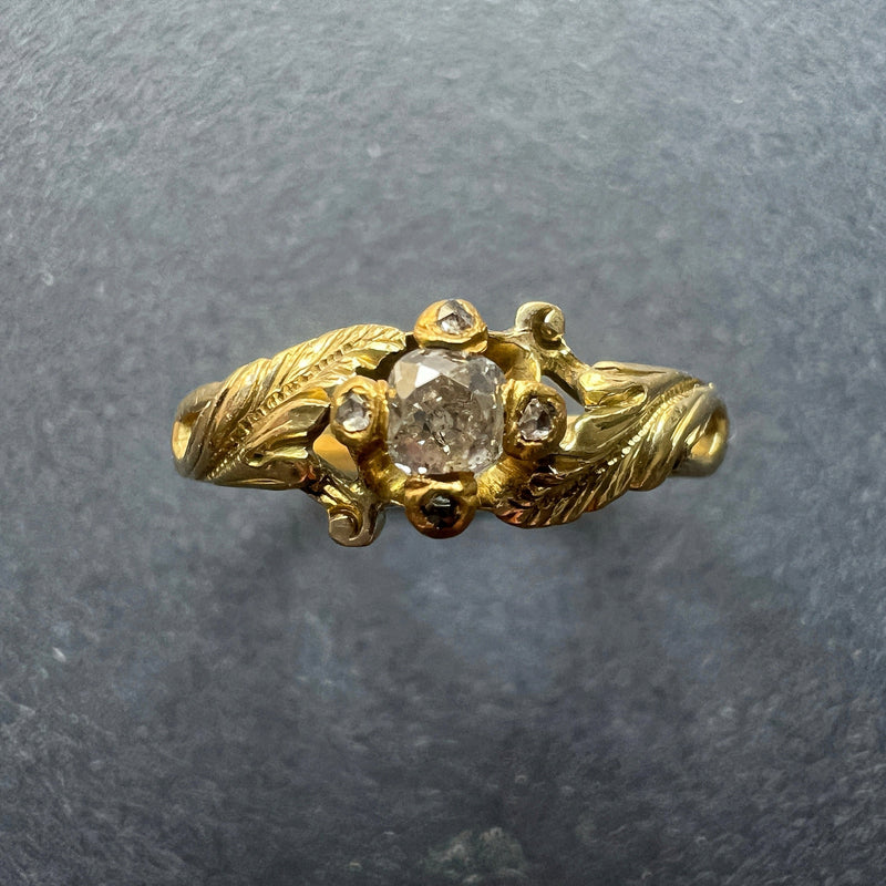 Victorian era 18K gold leaf shoulders diamond ring