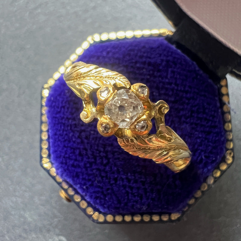 Victorian era 18K gold leaf shoulders diamond ring