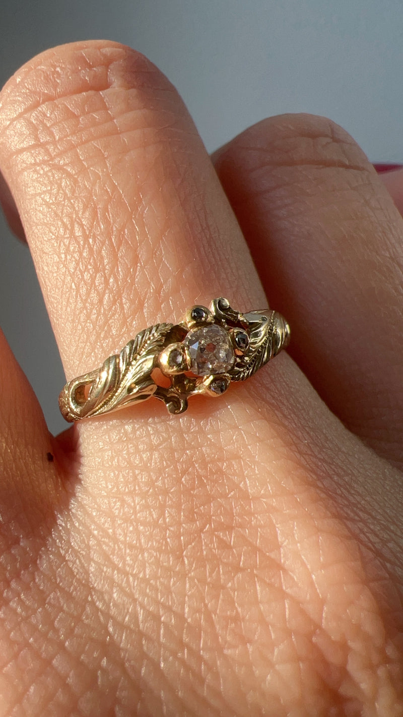 Victorian era 18K gold leaf shoulders diamond ring