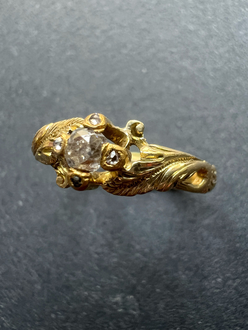 Victorian era 18K gold leaf shoulders diamond ring