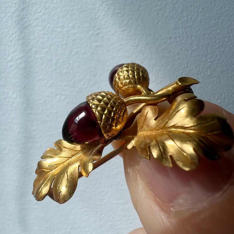 Victorian era 18K gold garnet acorn brooch