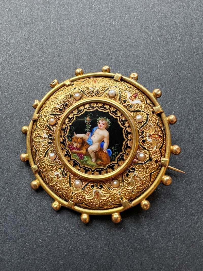 Victorian era 18K gold pearl cherub pendant / brooch