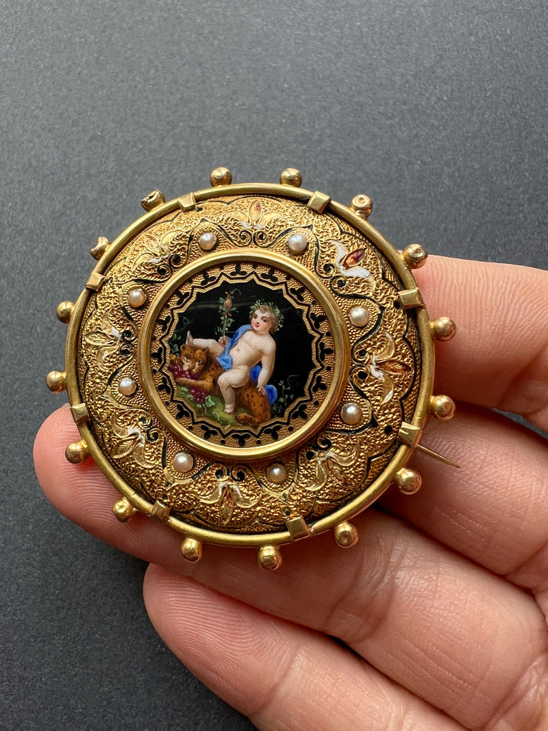 Victorian era 18K gold pearl cherub pendant / brooch