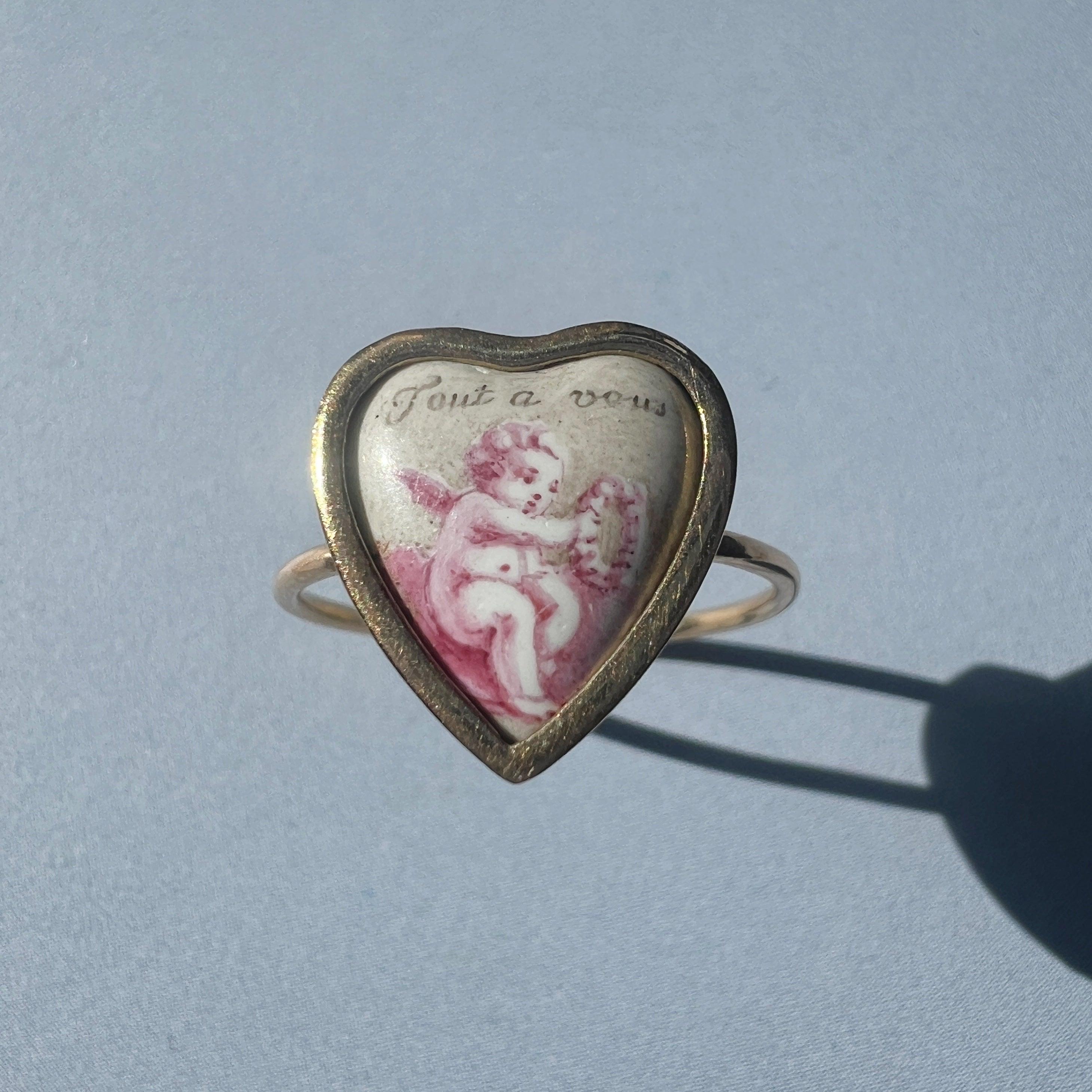 Antique 18k gold cherub heart “all for you” ring - Curiously timeless