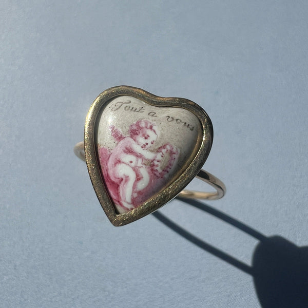 Antique 18k gold cherub heart “all for you” ring