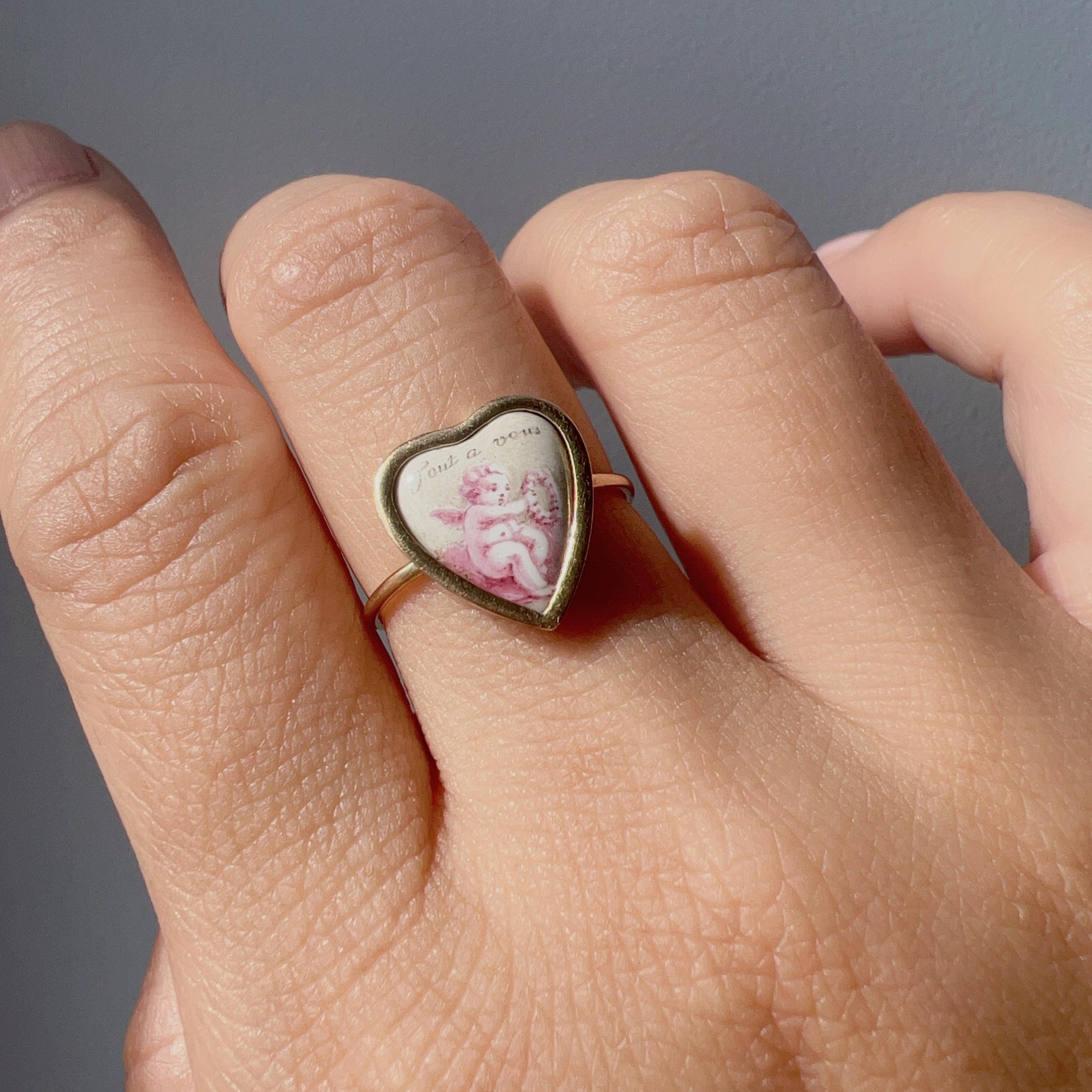 Antique 18k gold cherub heart “all for you” ring - Curiously timeless