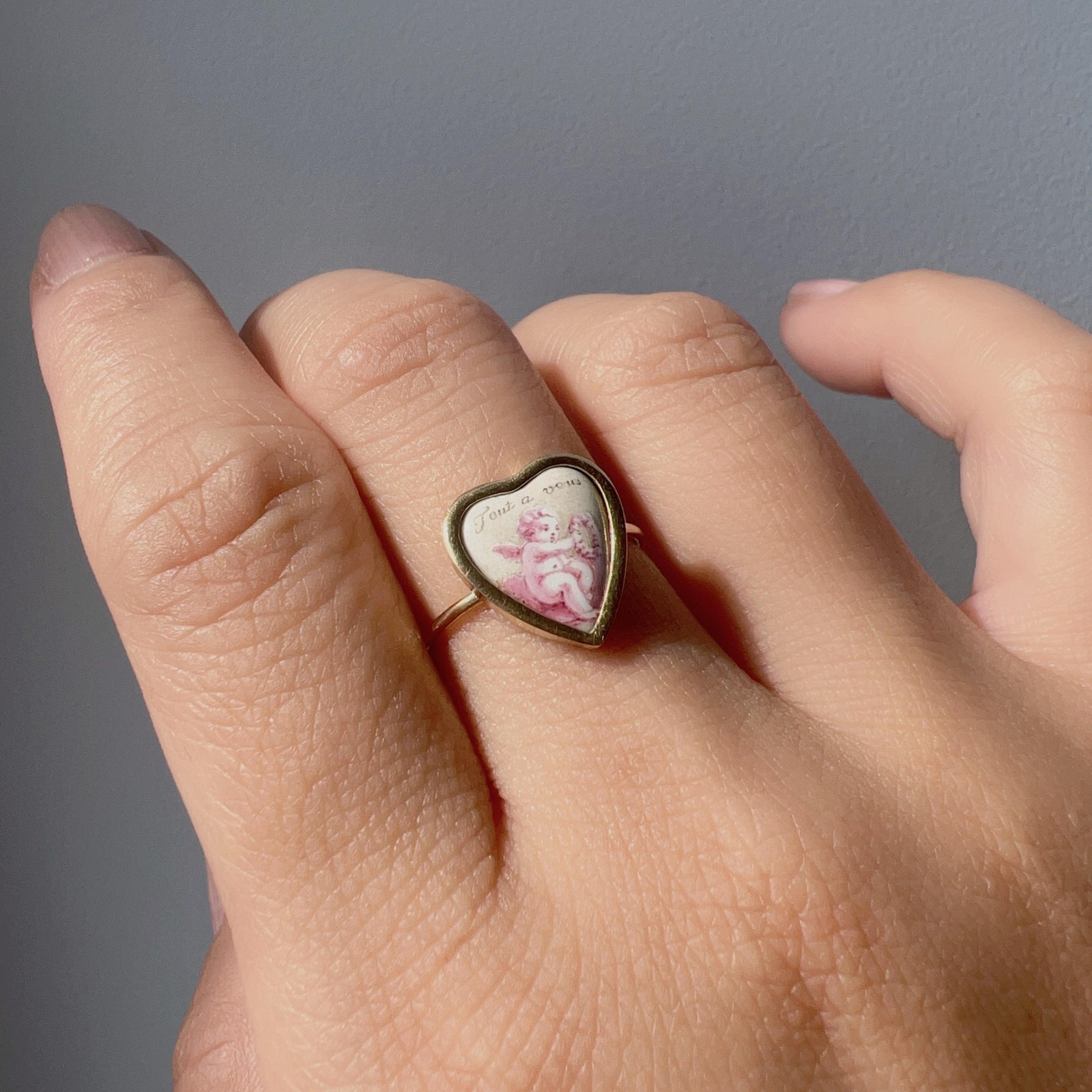 Antique 18k gold cherub heart “all for you” ring - Curiously timeless