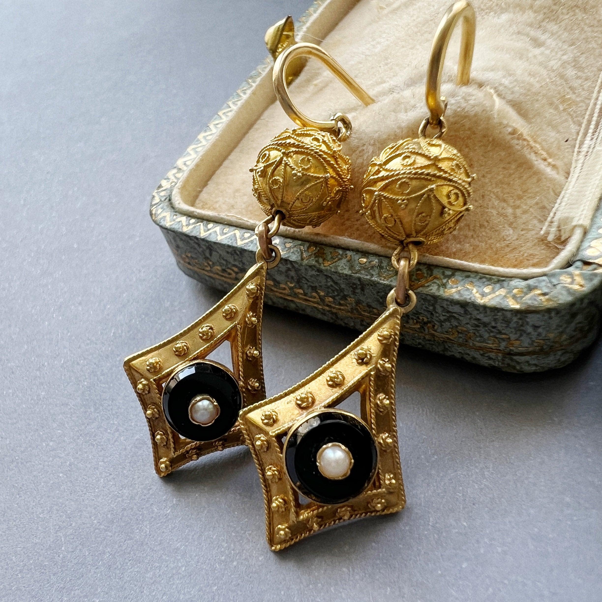 Victorian era 18K gold onyx pearl archaeological revival style drop earrings - Curiously timeless